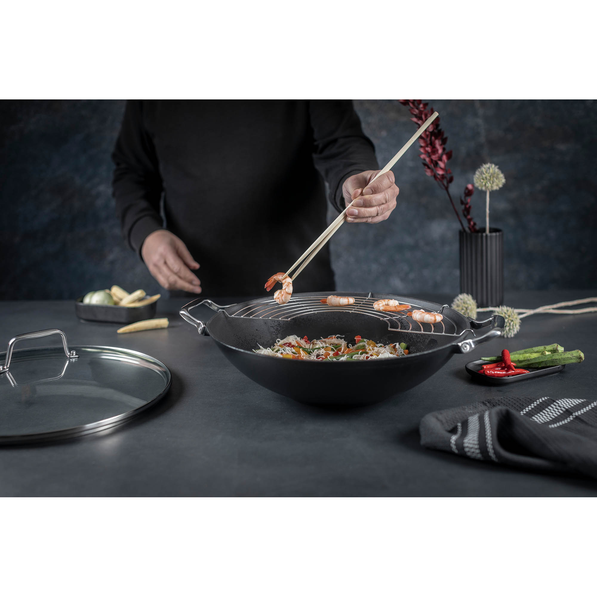 KUHN RIKON Wok JAMPUR 36 cm Gusseisen mit Glasdeckel INDUKTION