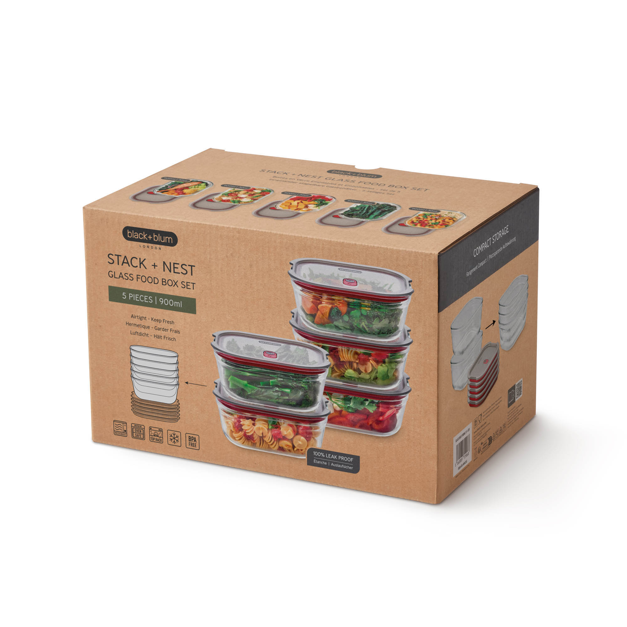 BLACK+BLUM 5er Set Multifunktions-Boxen aus Borosilikatglas je 0,9 Liter