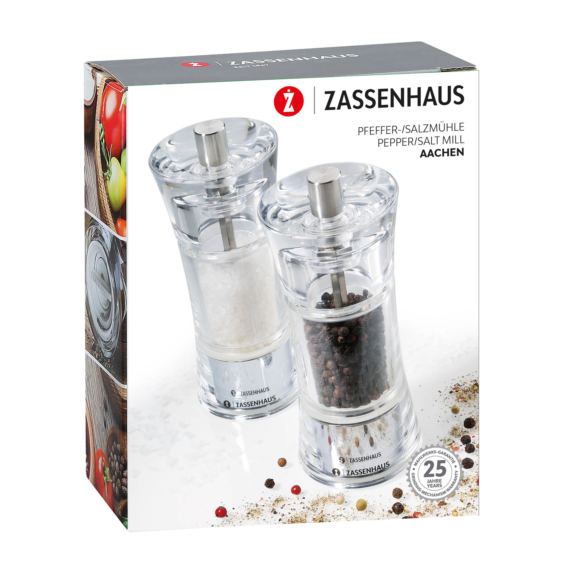 ZASSENHAUS Serie AACHEN Pfeffermühle und Salzmühle im Set 14 cm Acryl