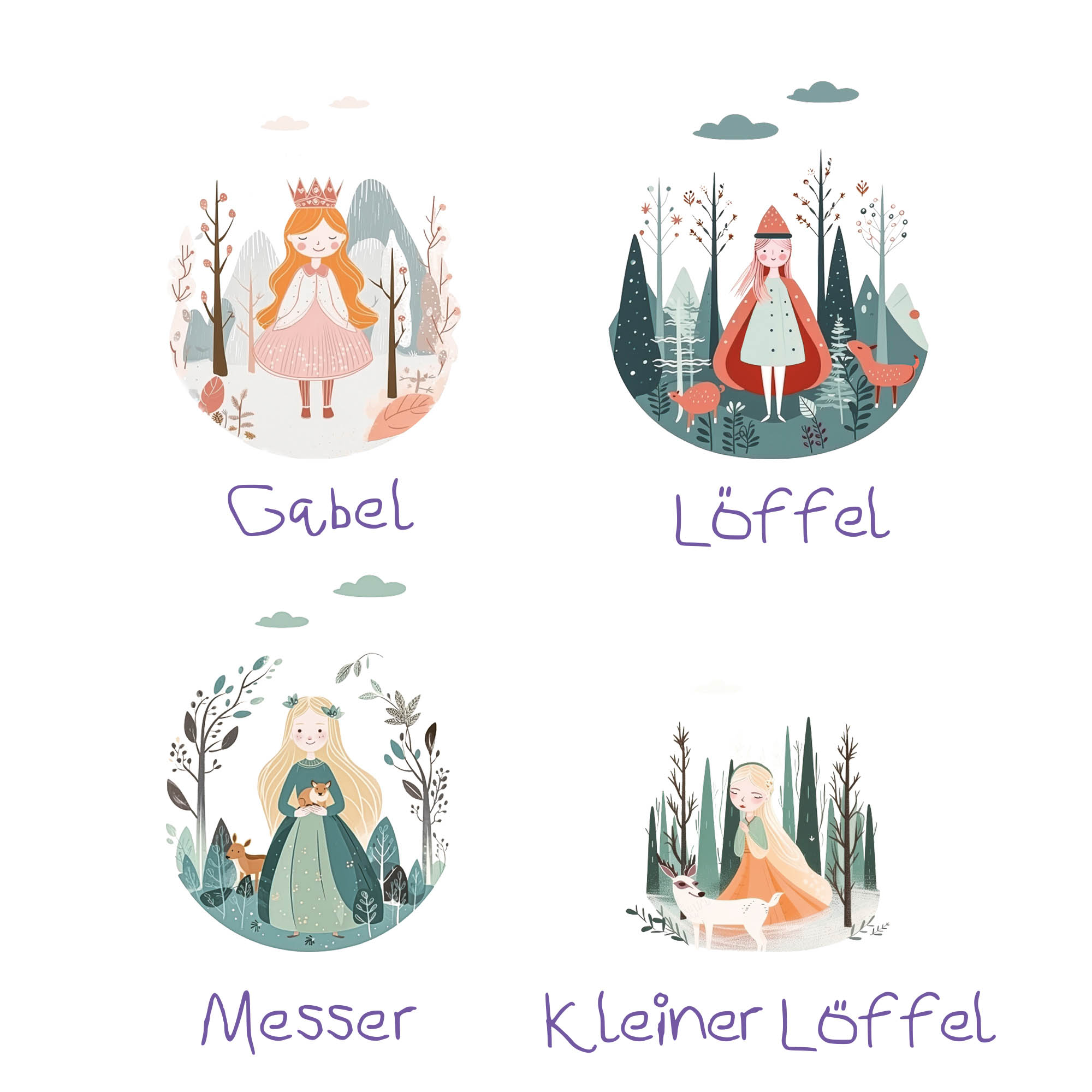 CILIO Kinderbesteck 4-teilig Edelstahl farbig bedruckt Motiv PRINCESS (Prinzessinen)