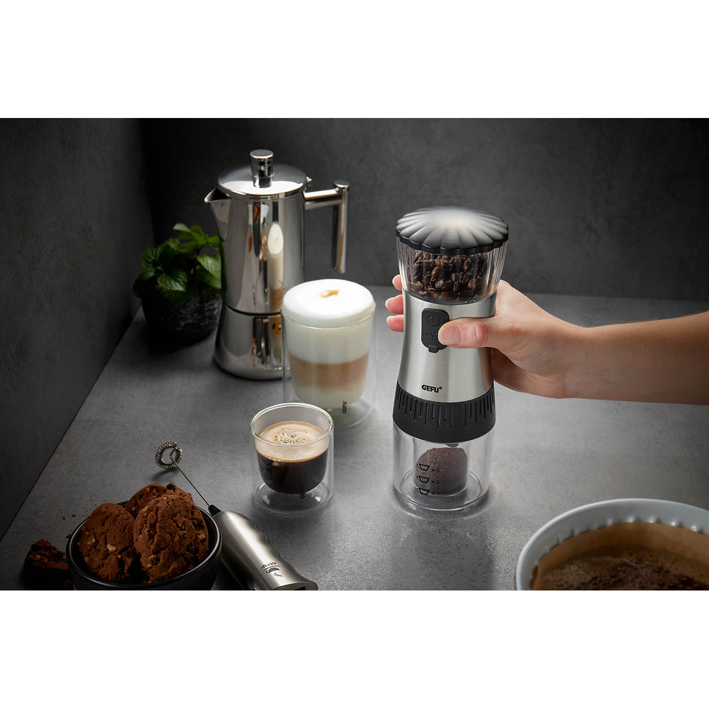 GEFU Akku Kaffeemühle POLVE mit USB-Kabel zum Aufladen