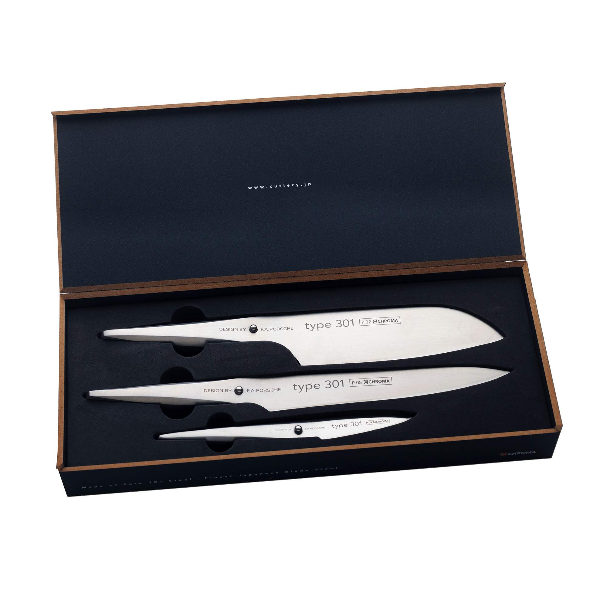CHROMA type 301 Messerset P-529 Santoku, Tranchiermesser, Schälmesser