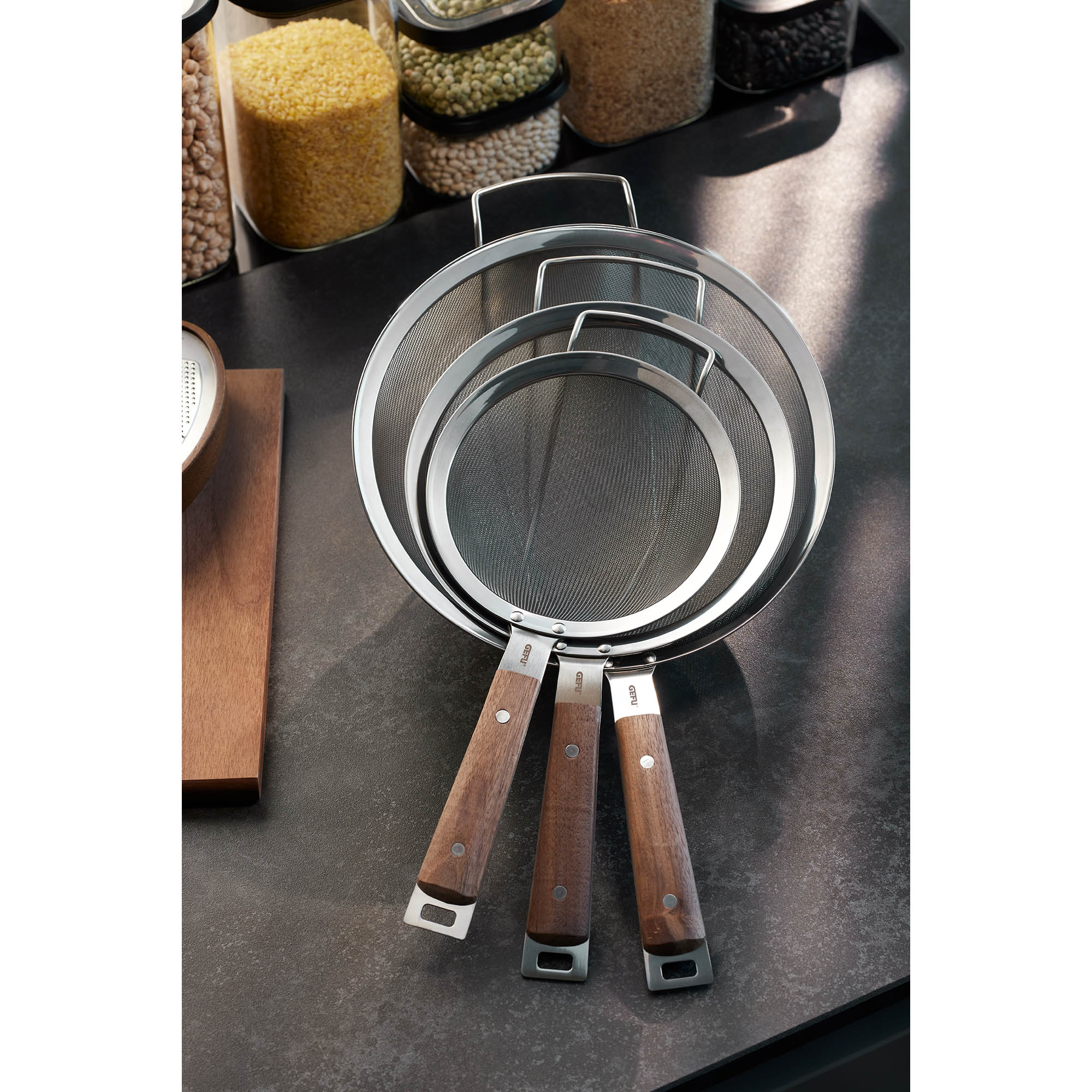 GEFU kitchen colander with walnut handle PASSO fine mesh 24 cm