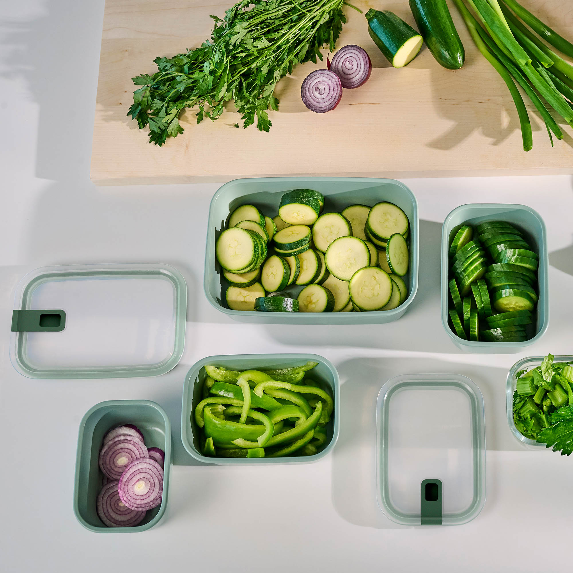 MEPAL Frischhaltedosen-Set EASY CLIP Glas eckig 2,25 + 2 x 1,0 Liter nordic sage