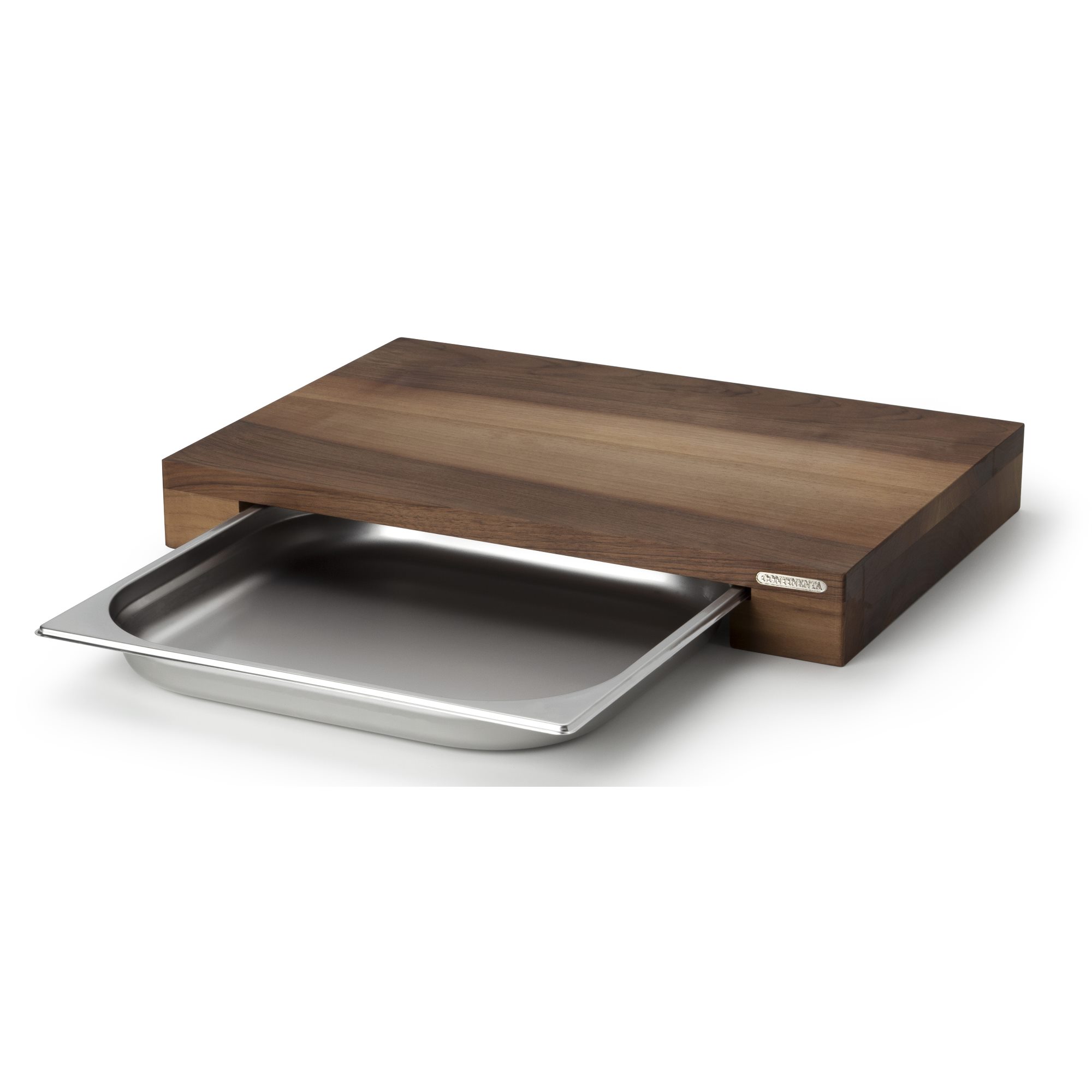 CONTINENTA Schneidebrett Wallnuss mit Edelstahl Schublade 48 x 32,5 x 6,5 cm
