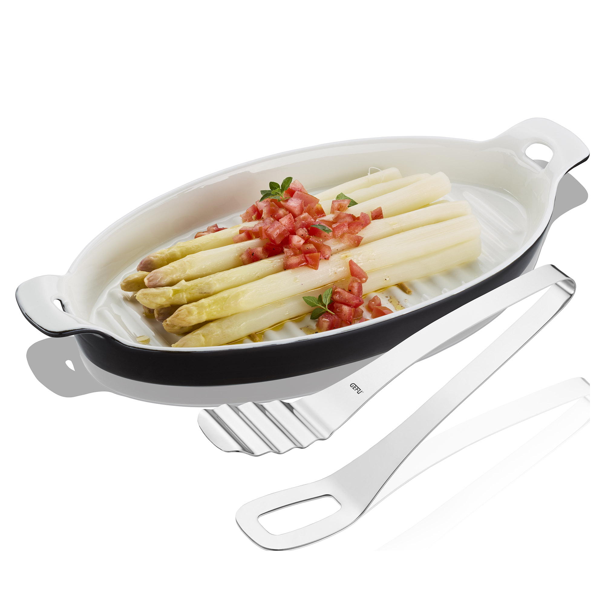 GEFU Servierplatte mit Zange PRESENTO Spargelplatte