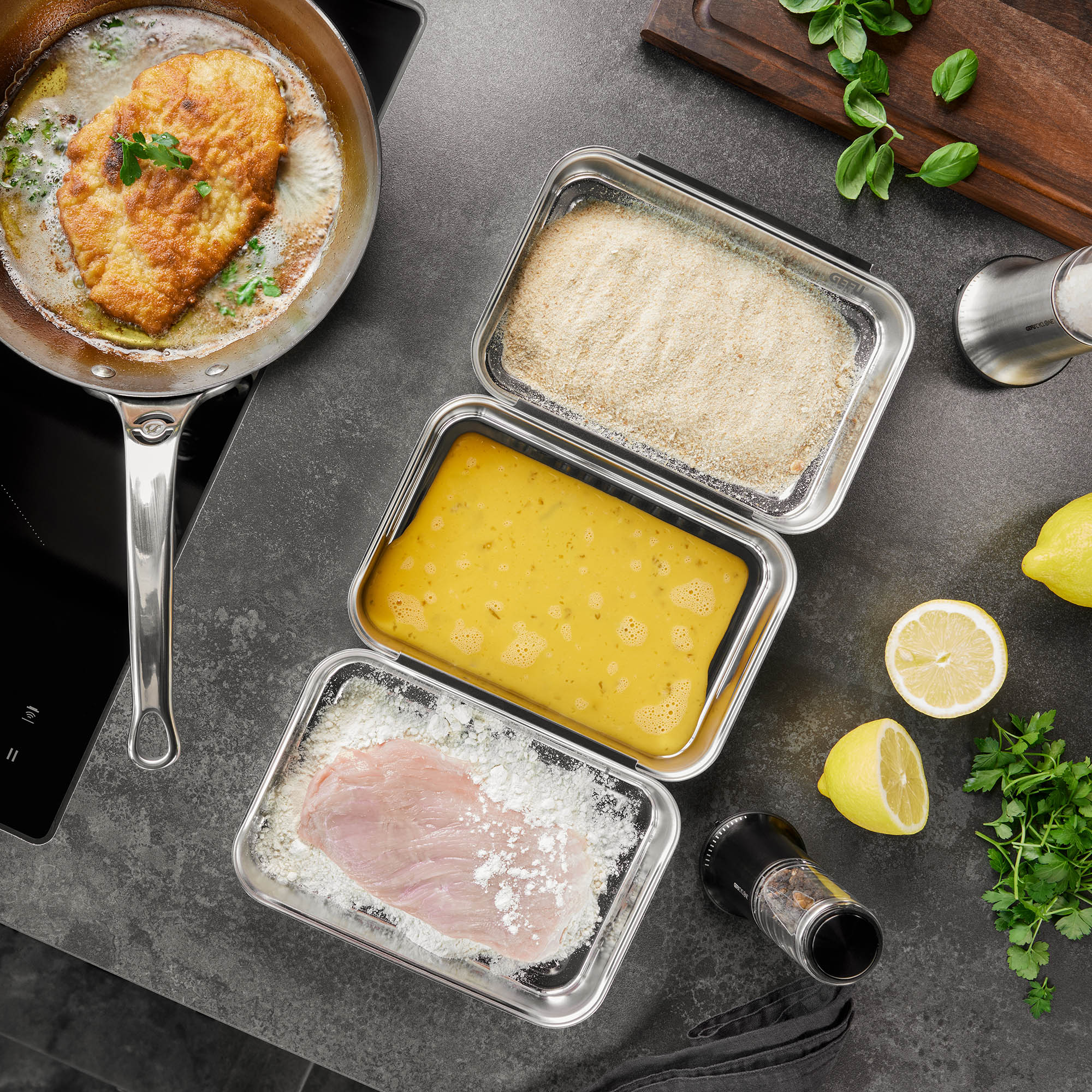 GEFU 3-piece PANDO stainless steel breadcrumb tray set for schnitzels etc.