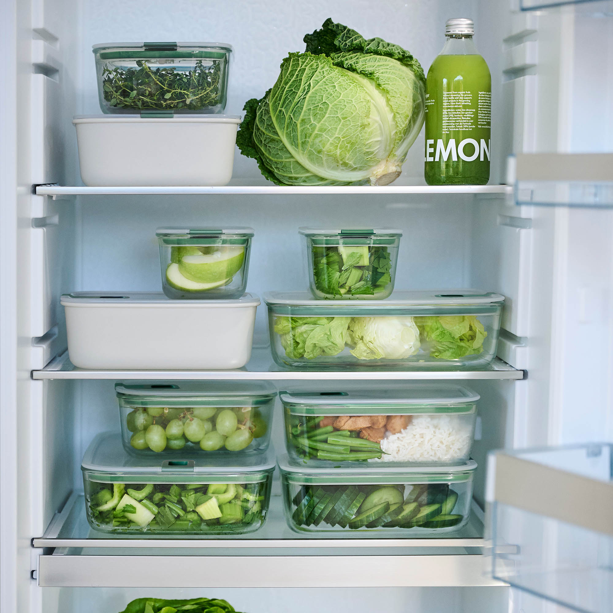 MEPAL EASY CLIP Square Glass Food Storage Container Set: 1.5 + 2 x 0.7 litres, Nordic Sage