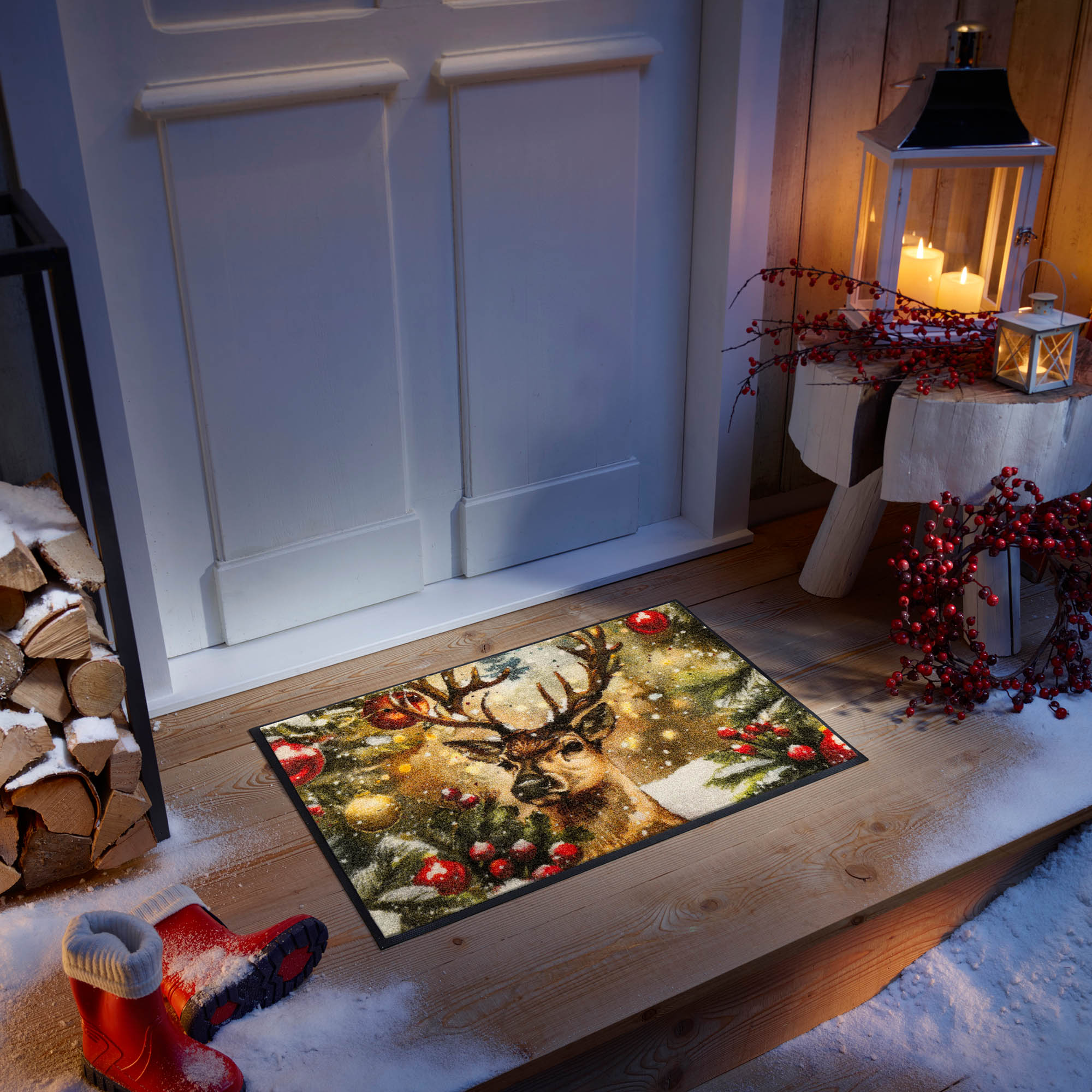 WASH + DRY Fußmatte 50 x 75 cm Motiv FESTIVE SPIRIT Hirsch im Weihnachtswald