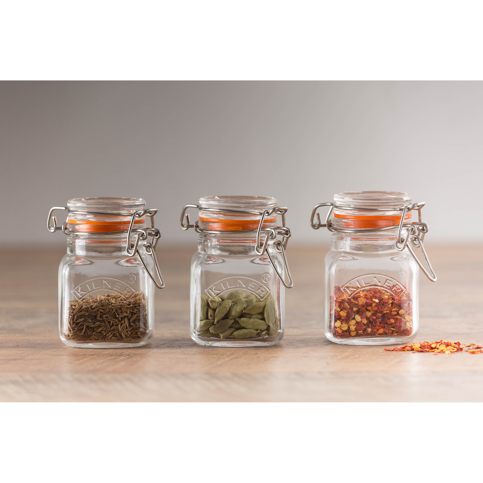 KILNER square swing-top jar, 70 ml, set of 6 in a wooden box