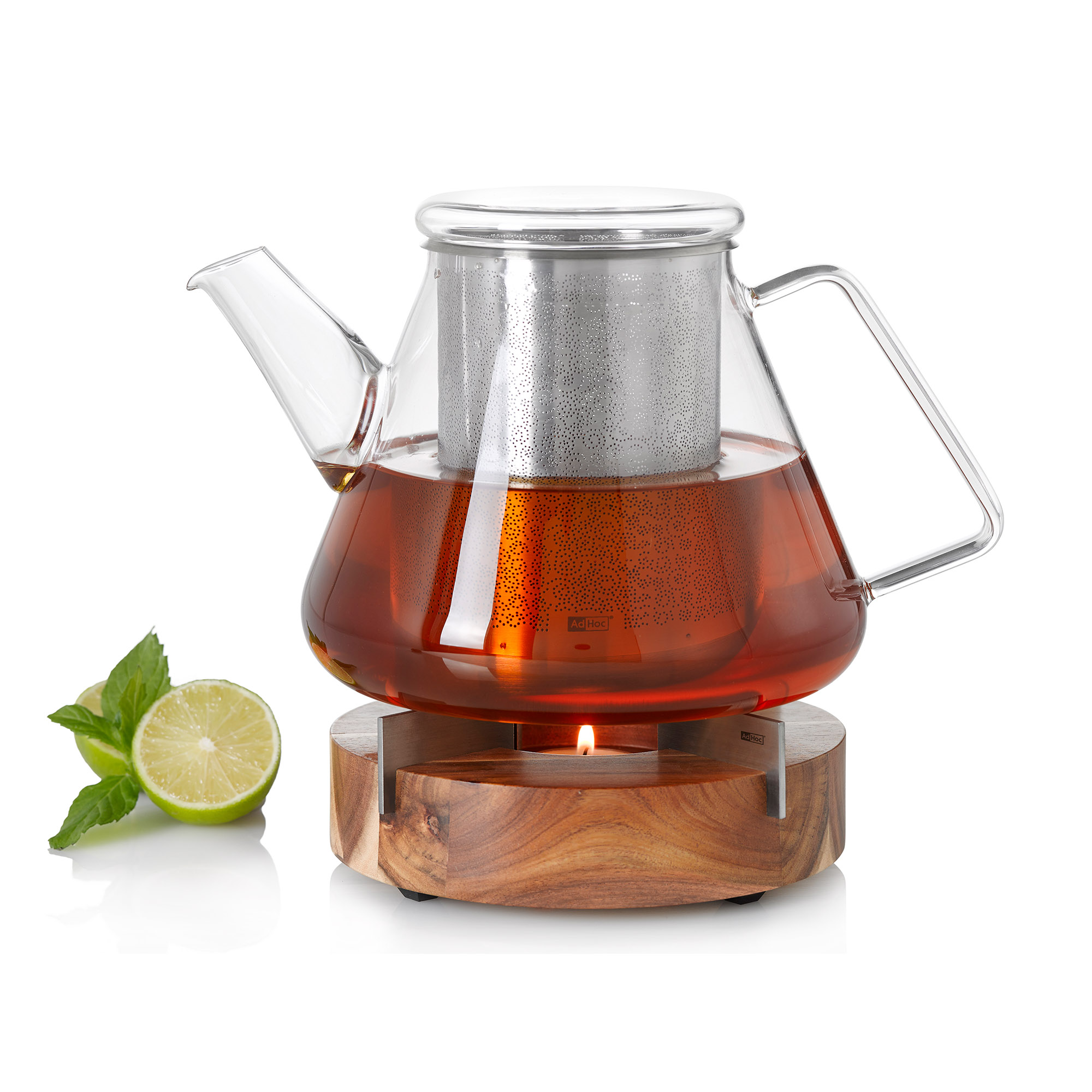 AdHoc Set Teekanne ORIENT Borosilikatglas 1,5 Liter + Stövchen TUTO Akazienholz