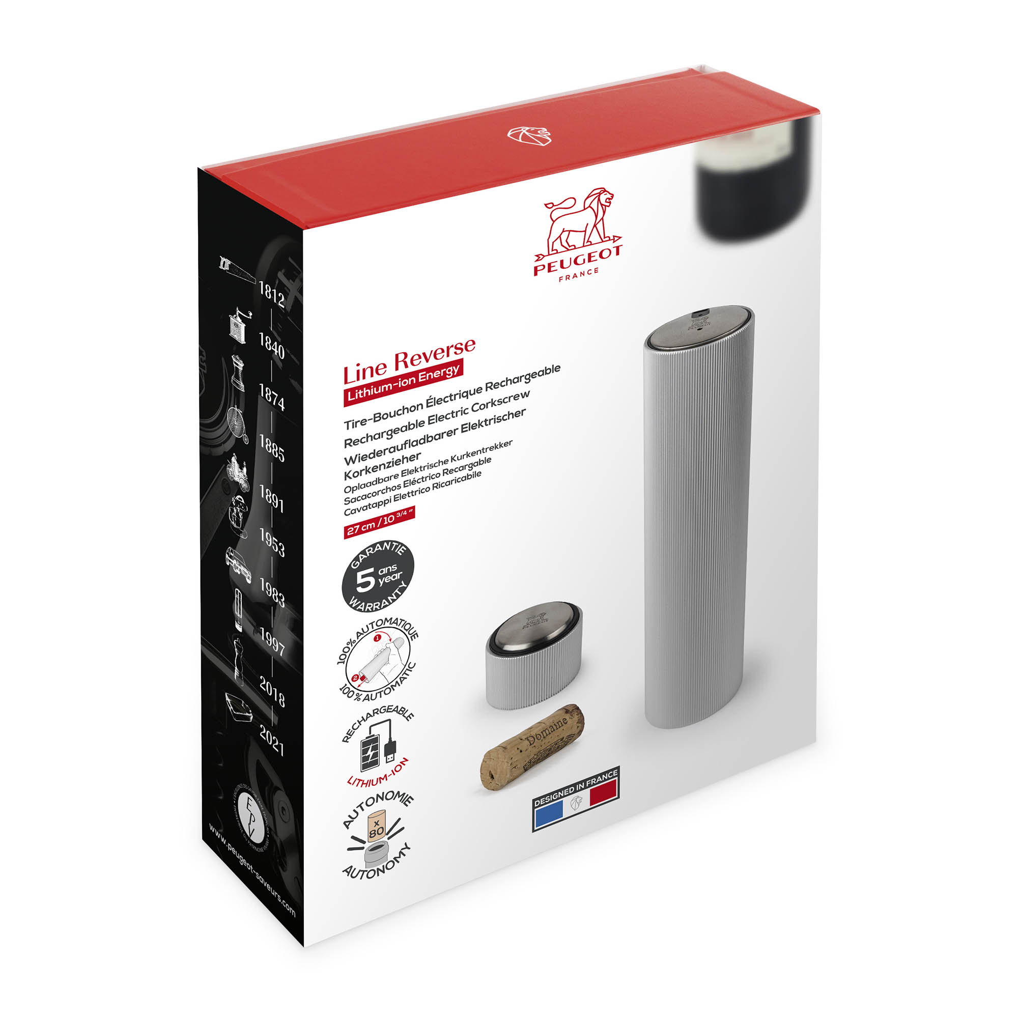 PEUGEOT elektrischer Korkenzieher LINE REVERSE Lithium-Ion Aluminium hell