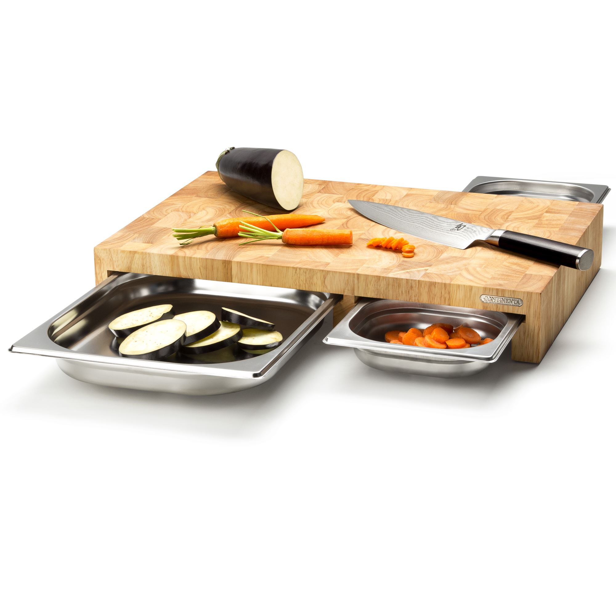 CONTINENTA Schneidebrett mit 3 Edelstahl Schubladen 50 x 32,5 x 8 cm