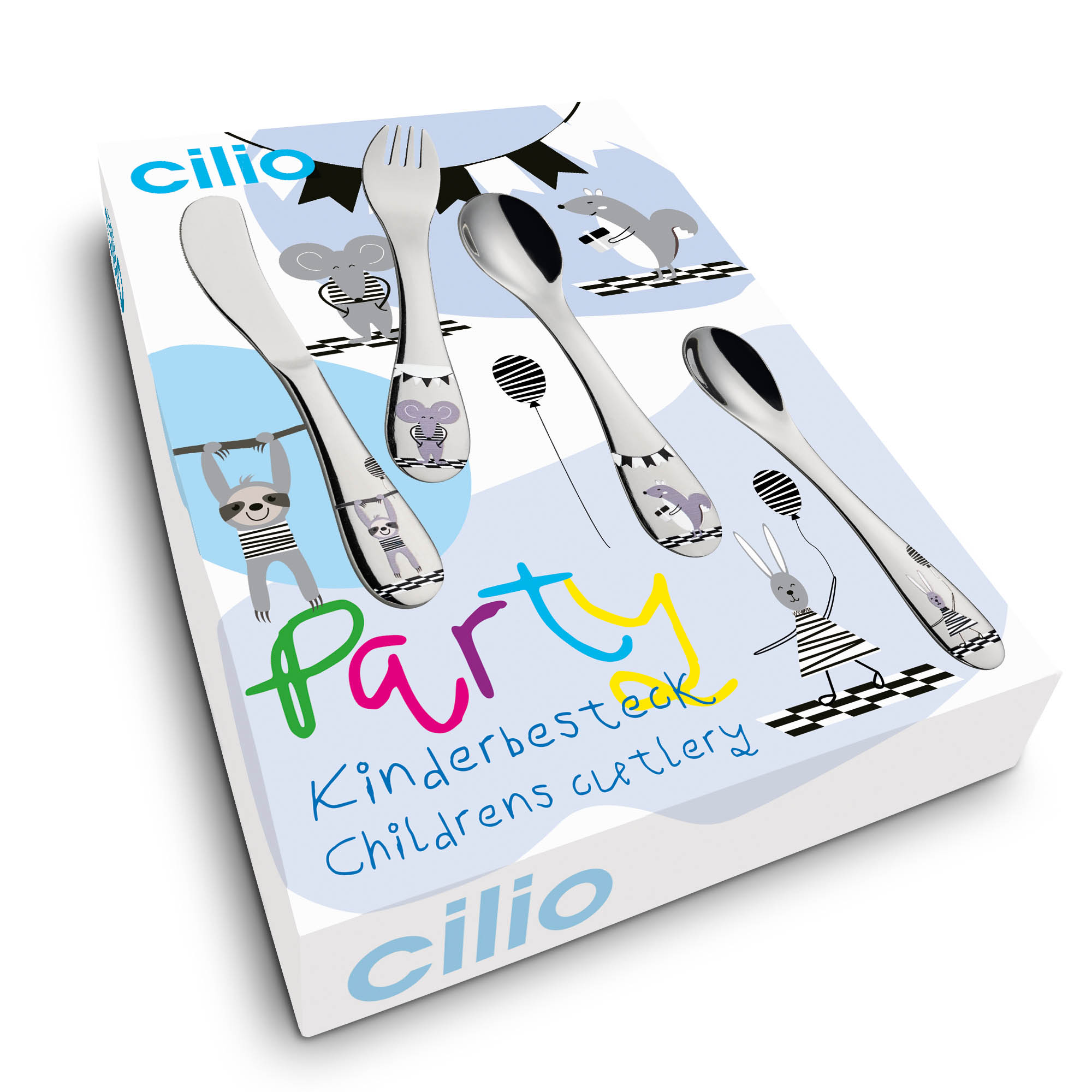 CILIO children's cutlery 4-piece stainless steel colourful printed motif PARTY