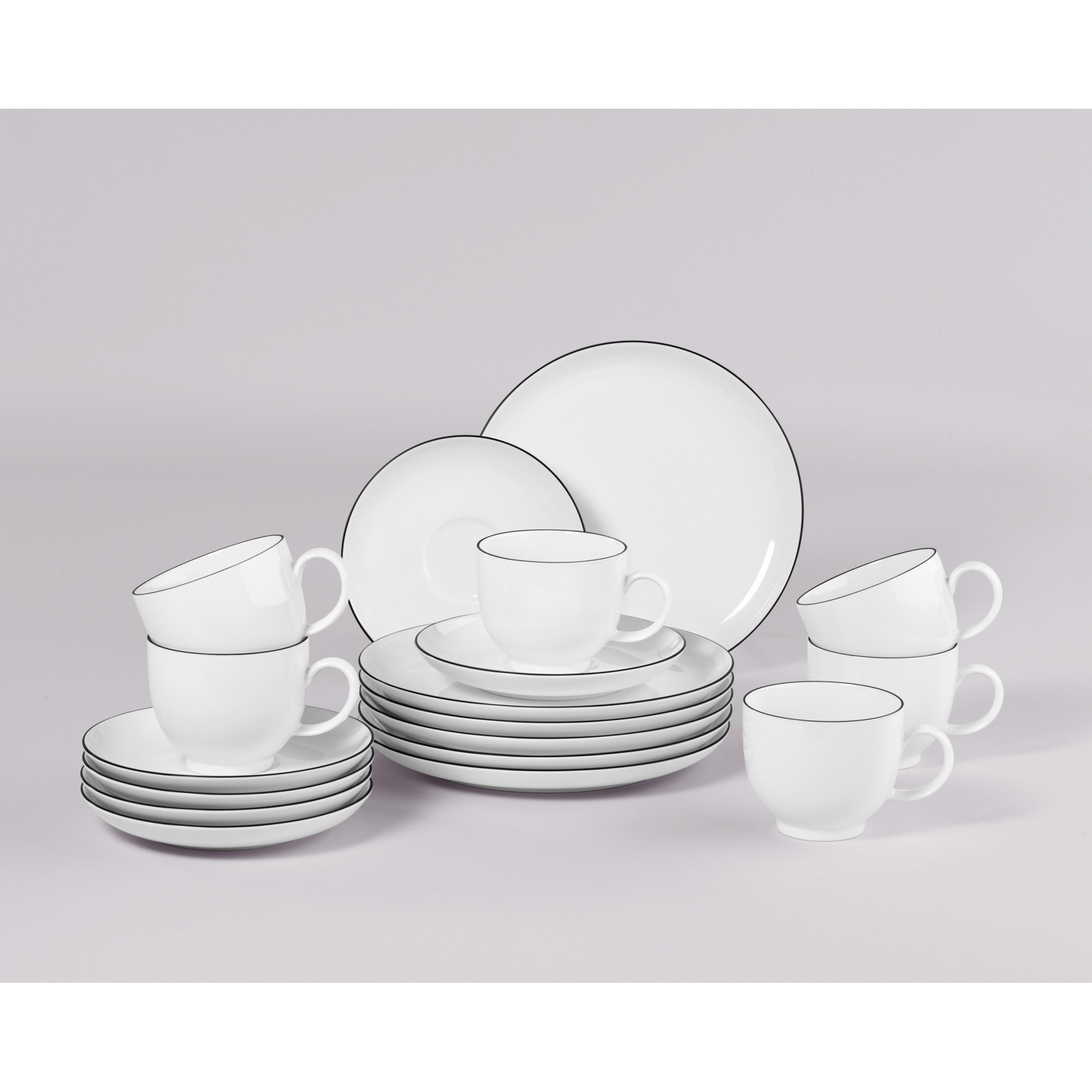 Seltmann Weiden Kaffeeservice Geschirr-Set, Service Lido Black Line (18-tlg), 6 Personen, Porzellan, Tassen, Untertassen, Teller, 18 Teile, für 6 Personen, Made in Germany