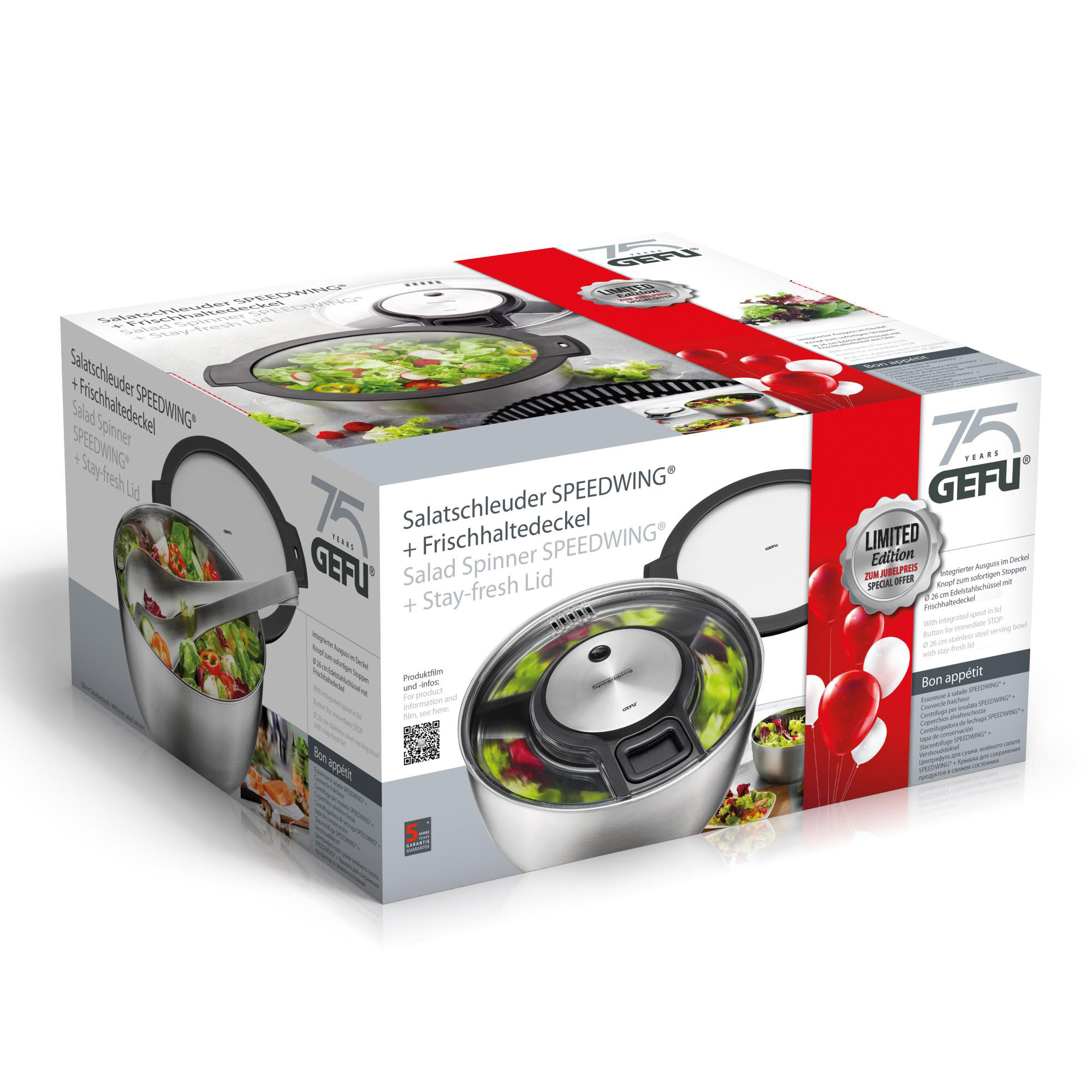 GEFU Salatschleuder SPEED WING Edelstahl 5 Liter mit GRATIS Frischhaltedeckel