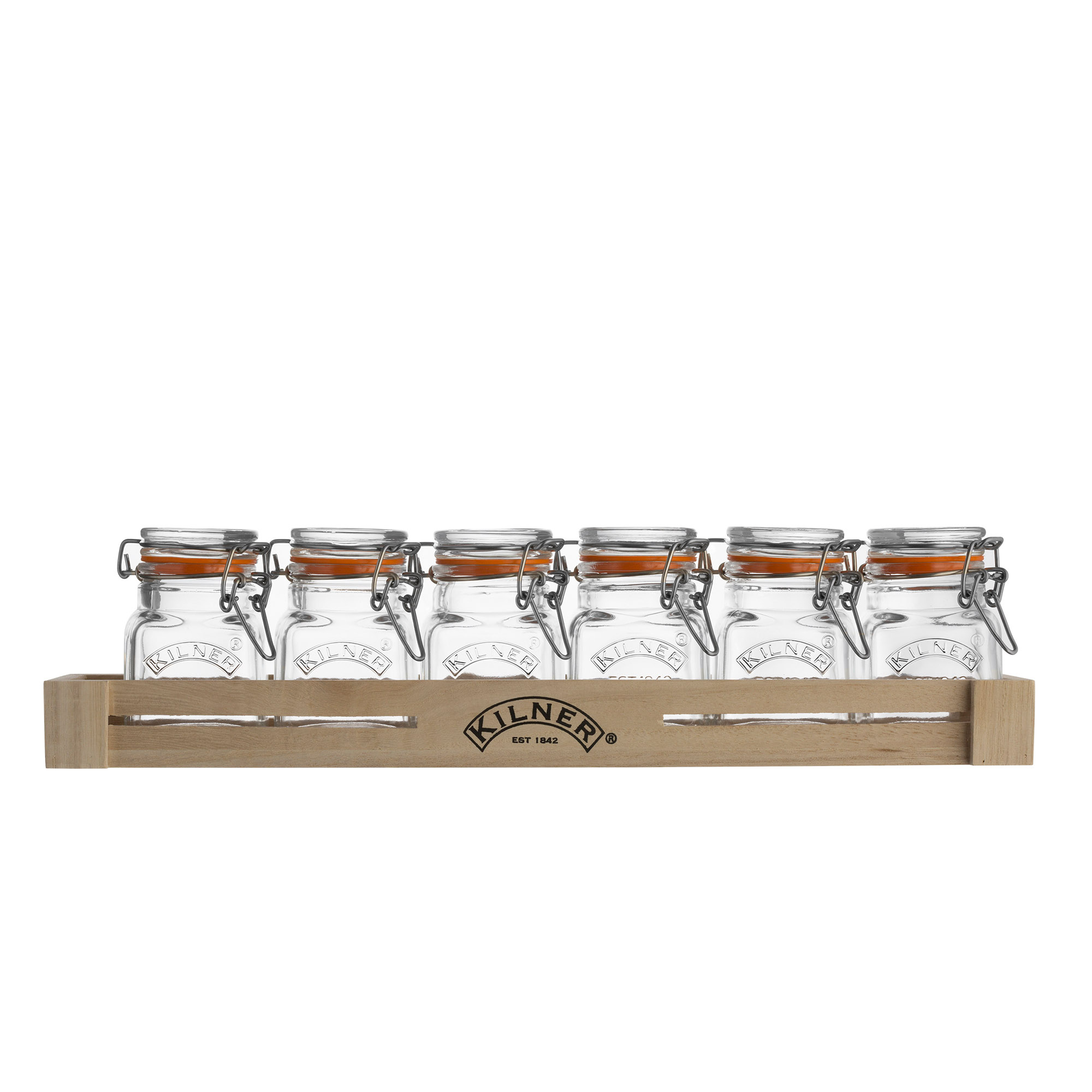 KILNER Bügelverschlussglas quadratisch 70 ml Vorratsglas 6er Set in Holzkiste