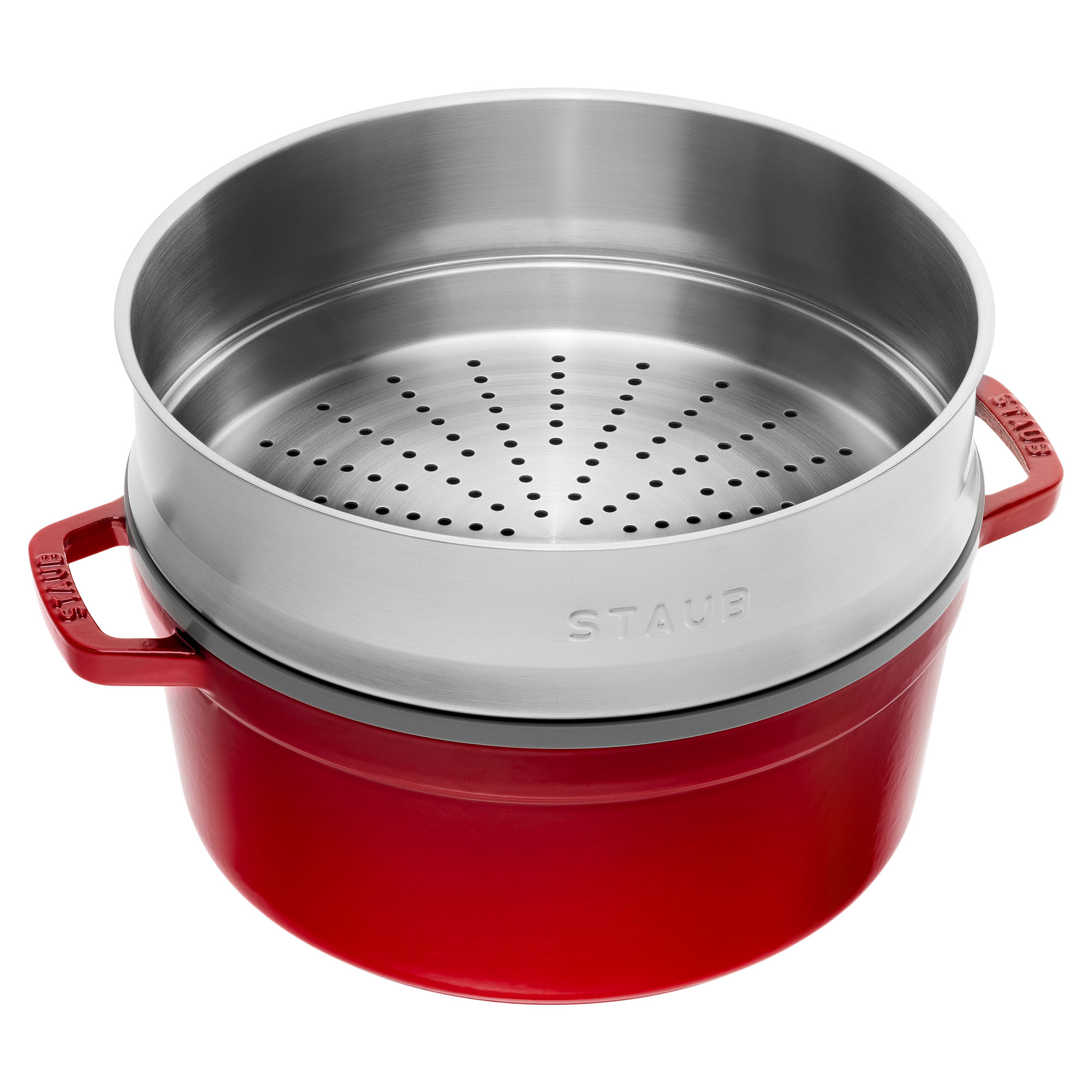 STAUB France Cocotte 26 cm - 5,2 Liter mit Dämpfeinsatz Gusseisen rot