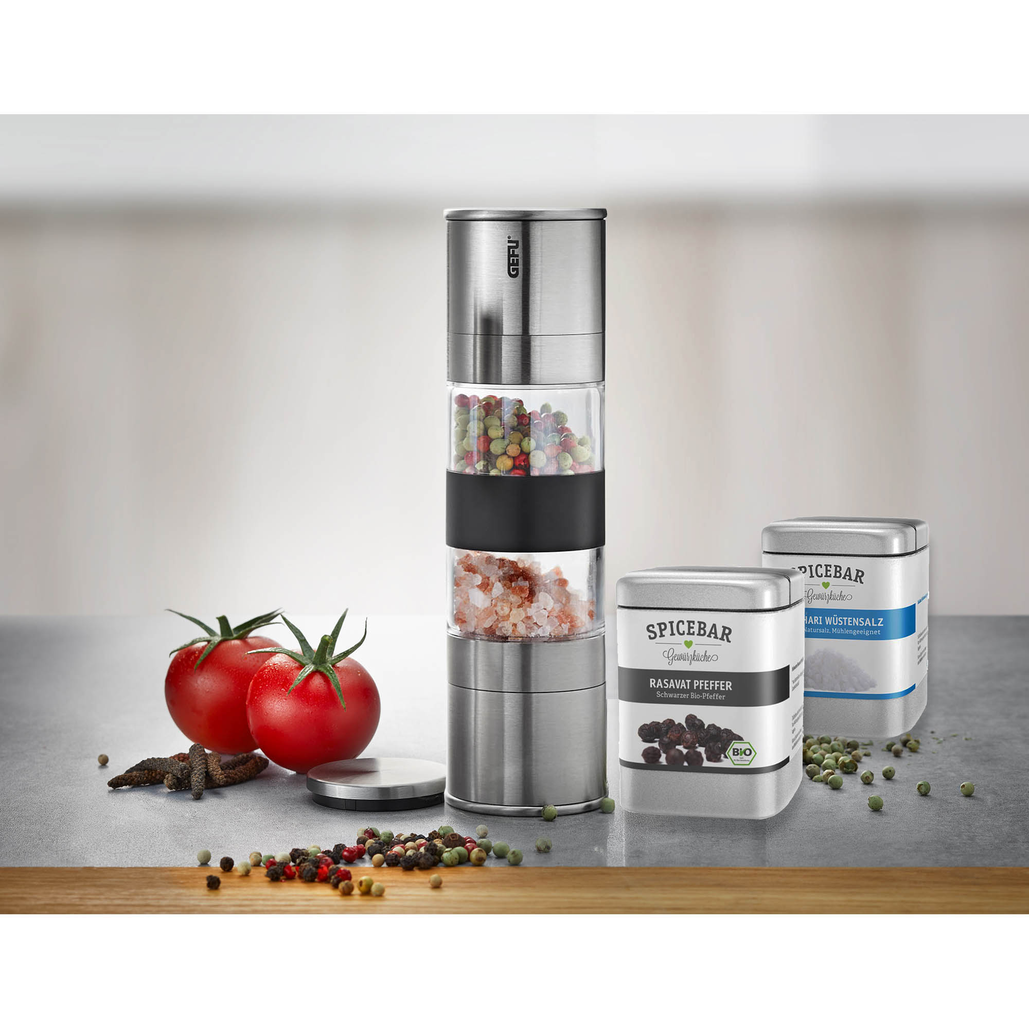 GEFU Doppelmühle LAMOLA 18,8 cm + Rasavat Pfeffer + Kalaharisalz im Geschenk-Set