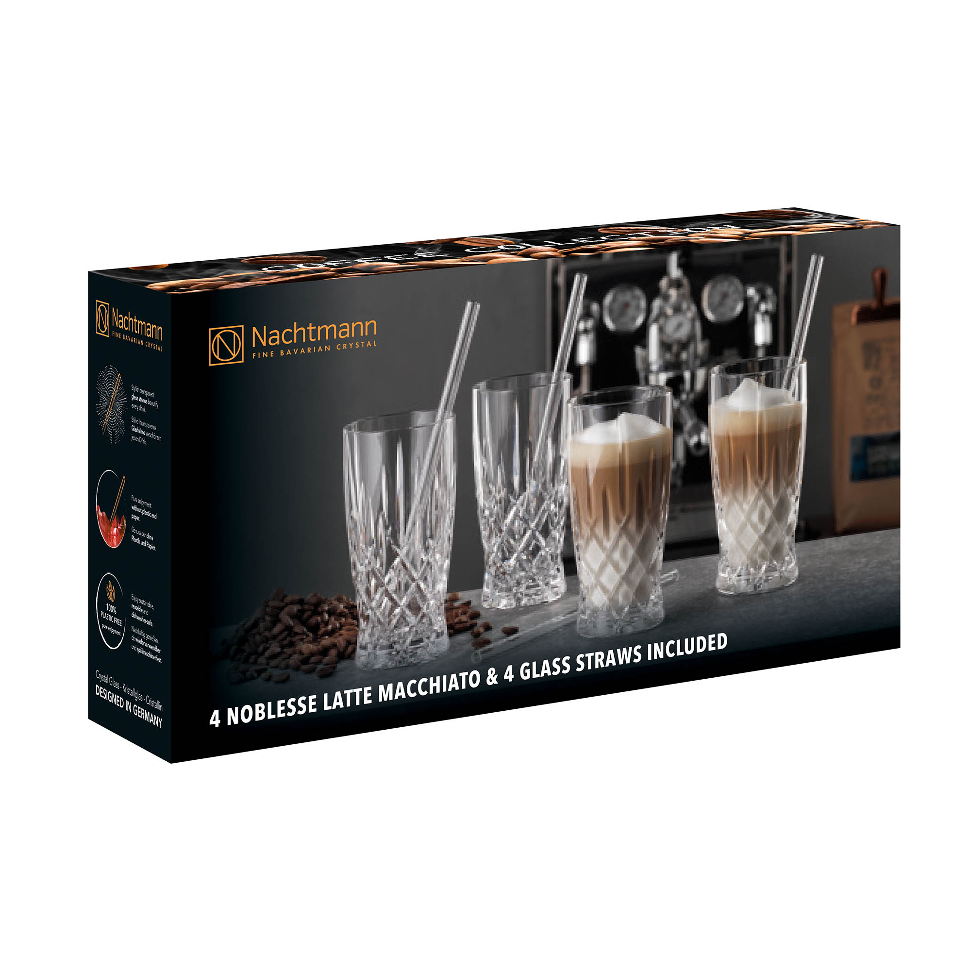 NACHTMANN Serie Noblesse Latte-Macchiato-Set 4 Gläser 350 ml + 4 Glastrinkhalme