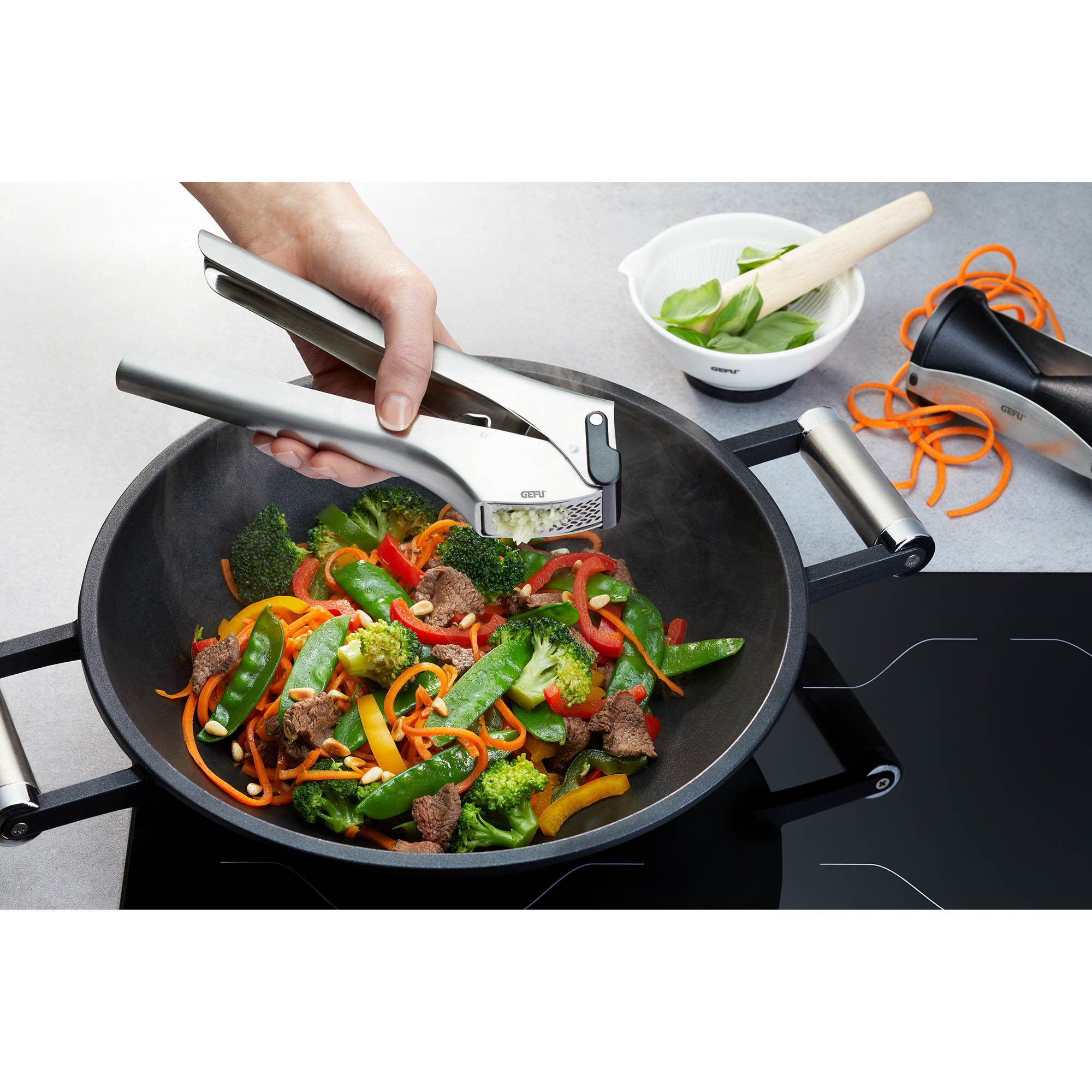 GEFU garlic press GARLICO stainless steel with integrated scraper