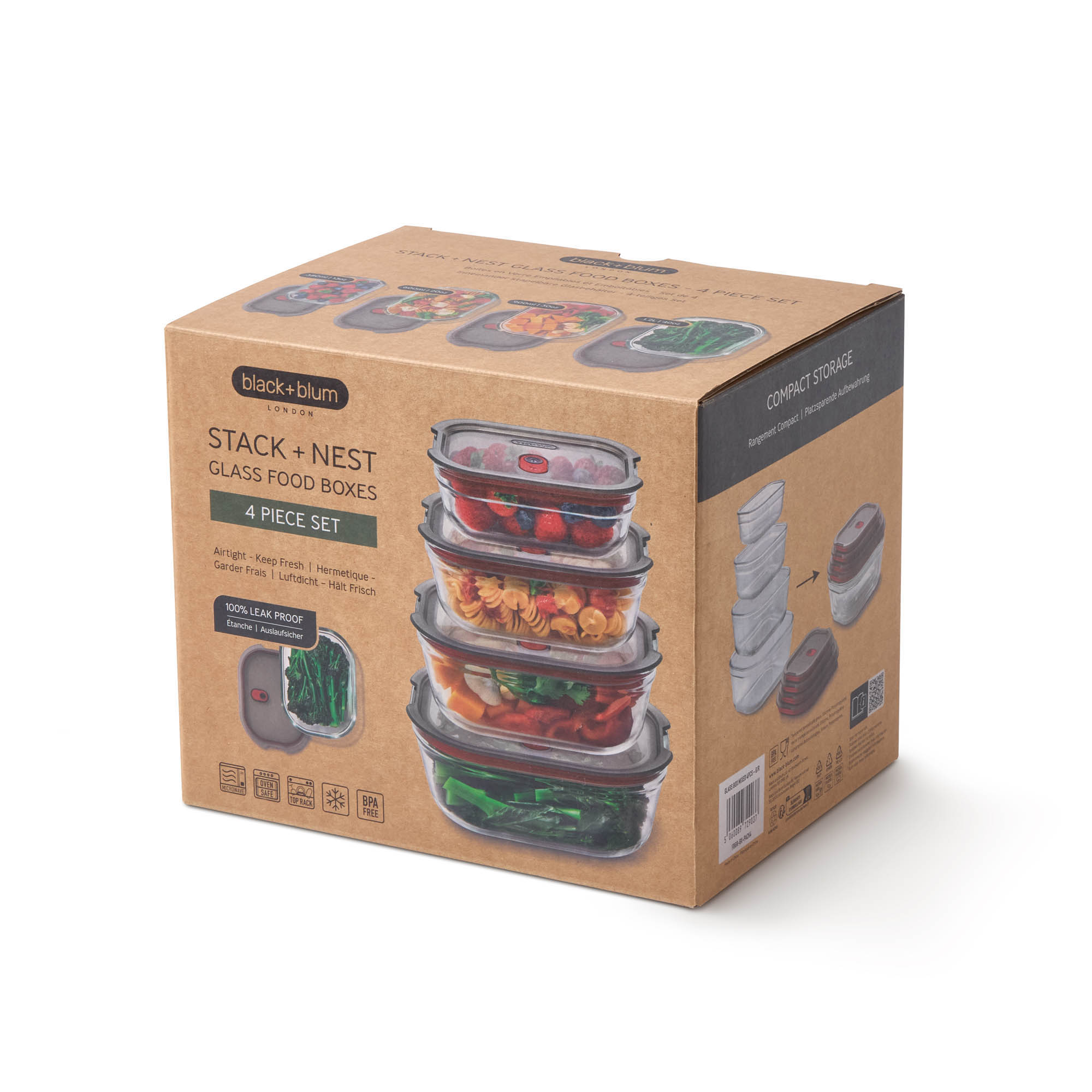 BLACK+BLUM 4er Set Multifunktions-Boxen aus Glas 0,38 + 0,6 + 0,9 + 1,2 Liter