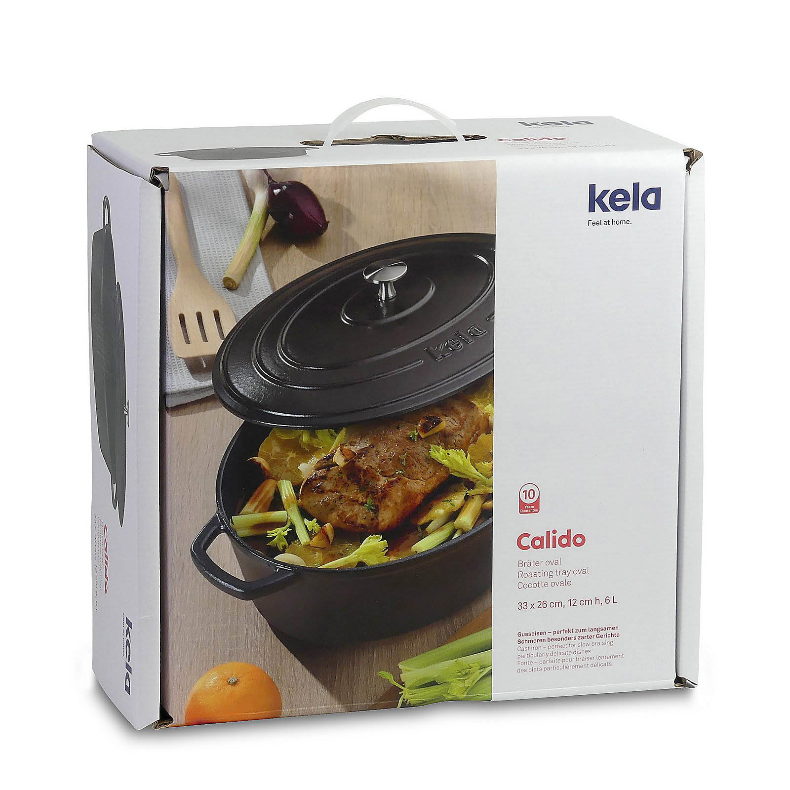 KELA Bräter Cocotte CALIDO Gusseisen emailliert 33 cm oval 6 Liter schwarz INDUKTION