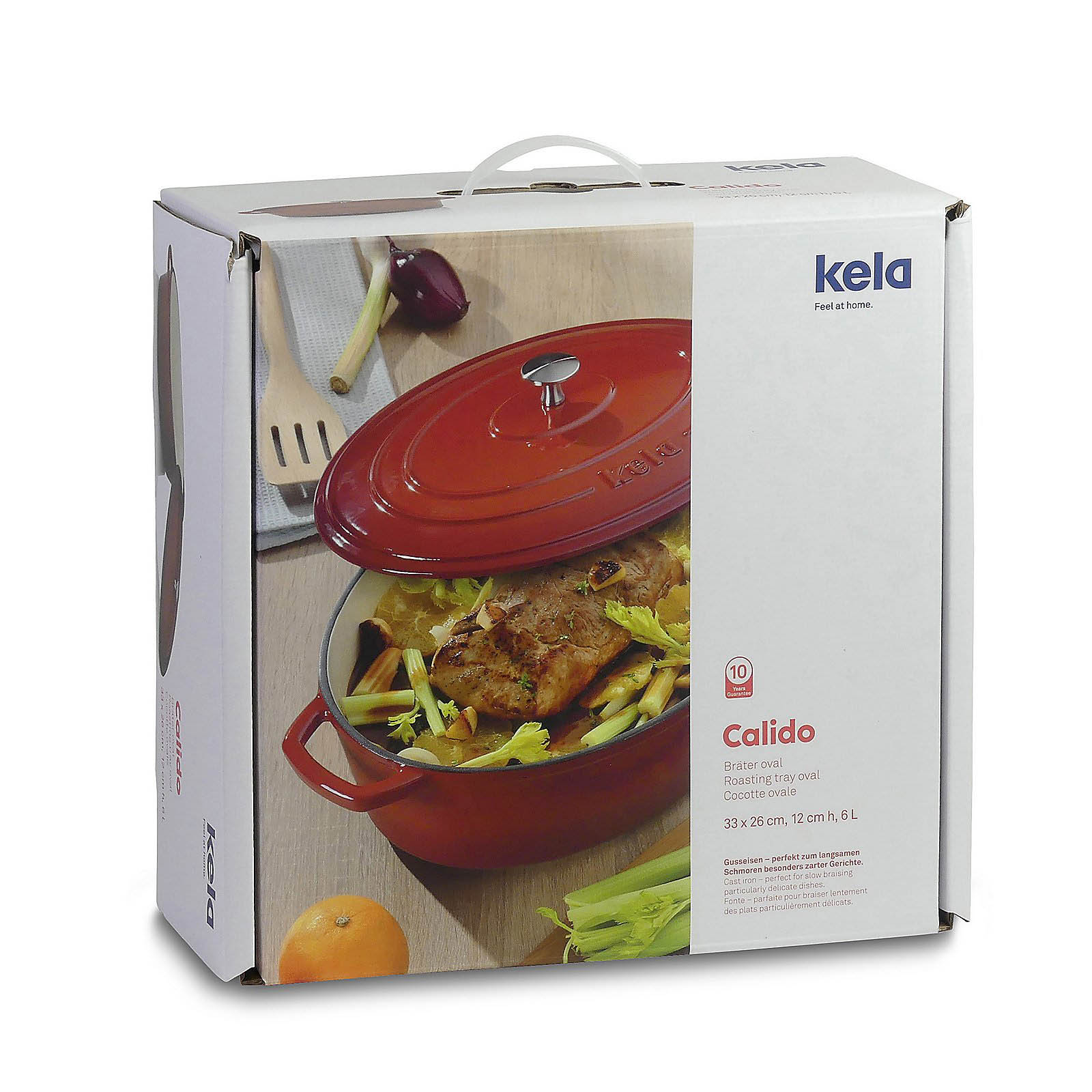 KELA Bräter Cocotte CALIDO Gusseisen emailliert 33 cm oval 6 Liter rot INDUKTION