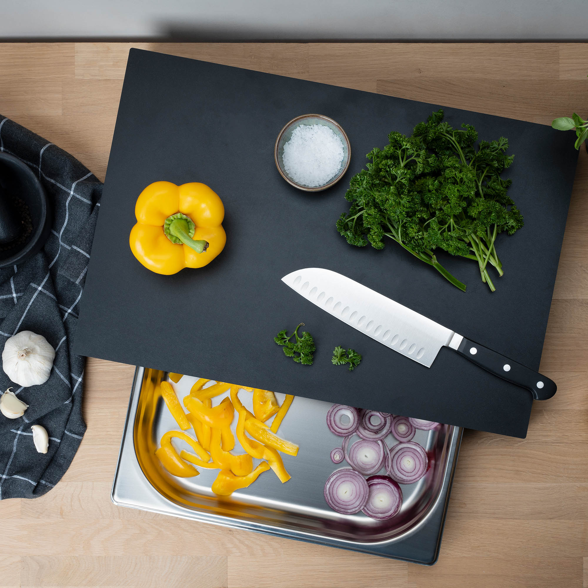 CONTINENTA chopping board, 48 x 32.5 x 5 cm, made from DURACORE with a stainless steel drawer