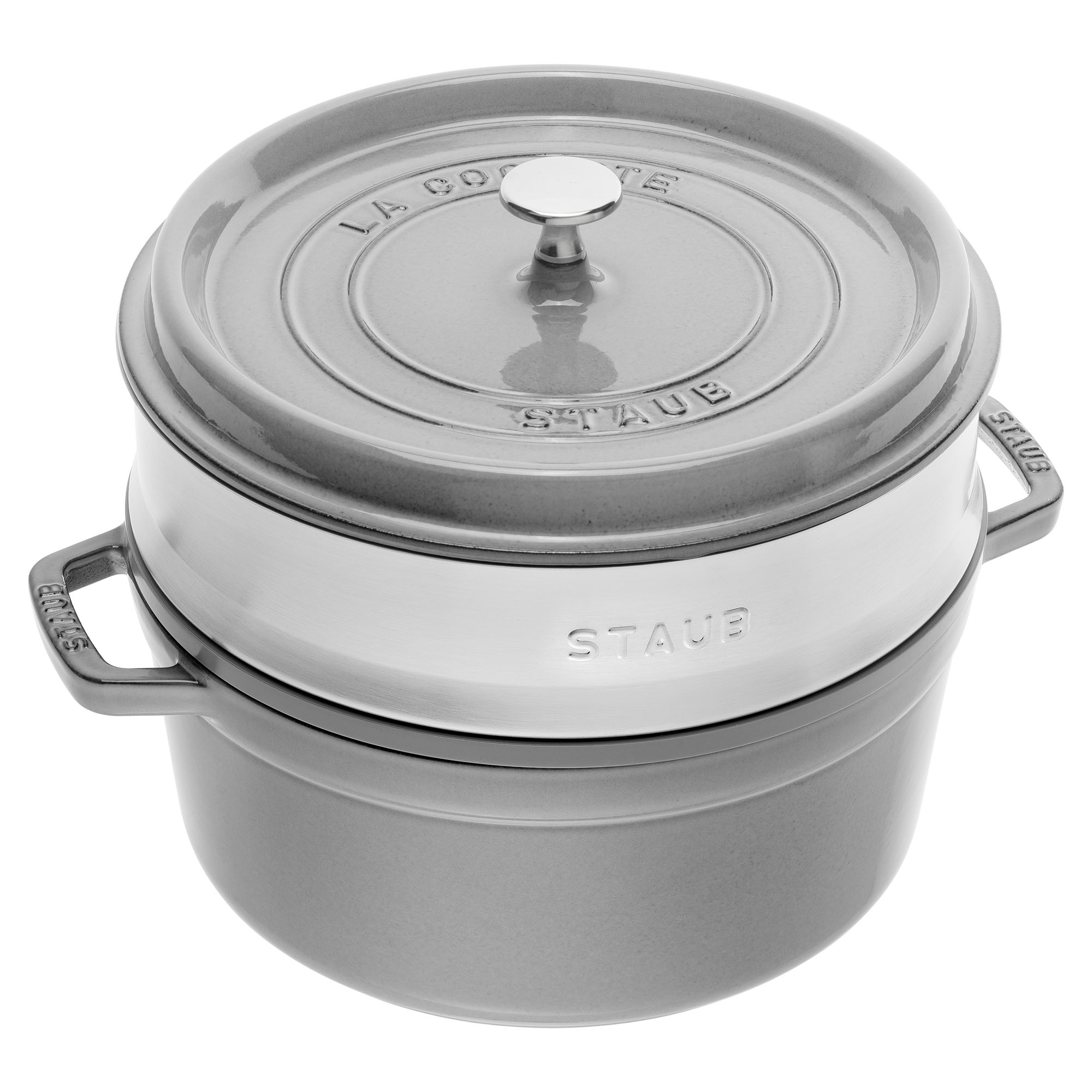STAUB France Cocotte 26 cm - 5,2 Liter mit Dämpfeinsatz Gusseisen grau