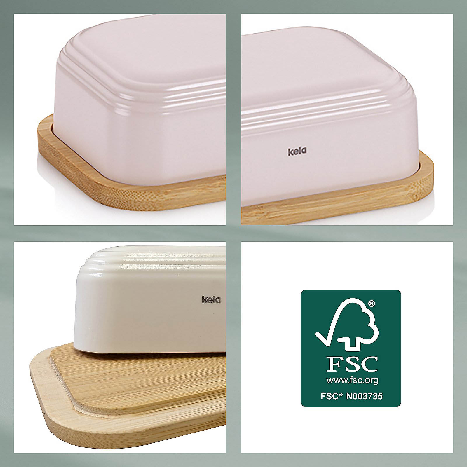 KELA Butterdose NAMUR beige mit Unterteil aus Bambusholz