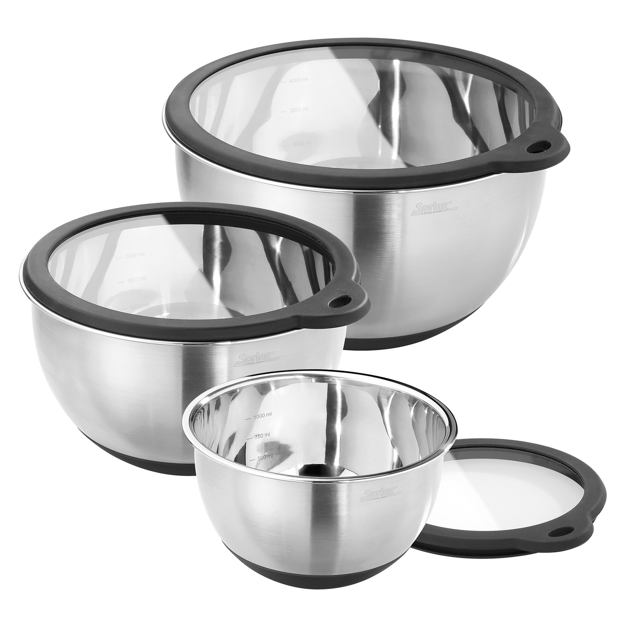 SPRING Küchenschüssel-Set aus Edelstahl 3-teilig mit Glasdeckeln Edelstahlschüssel