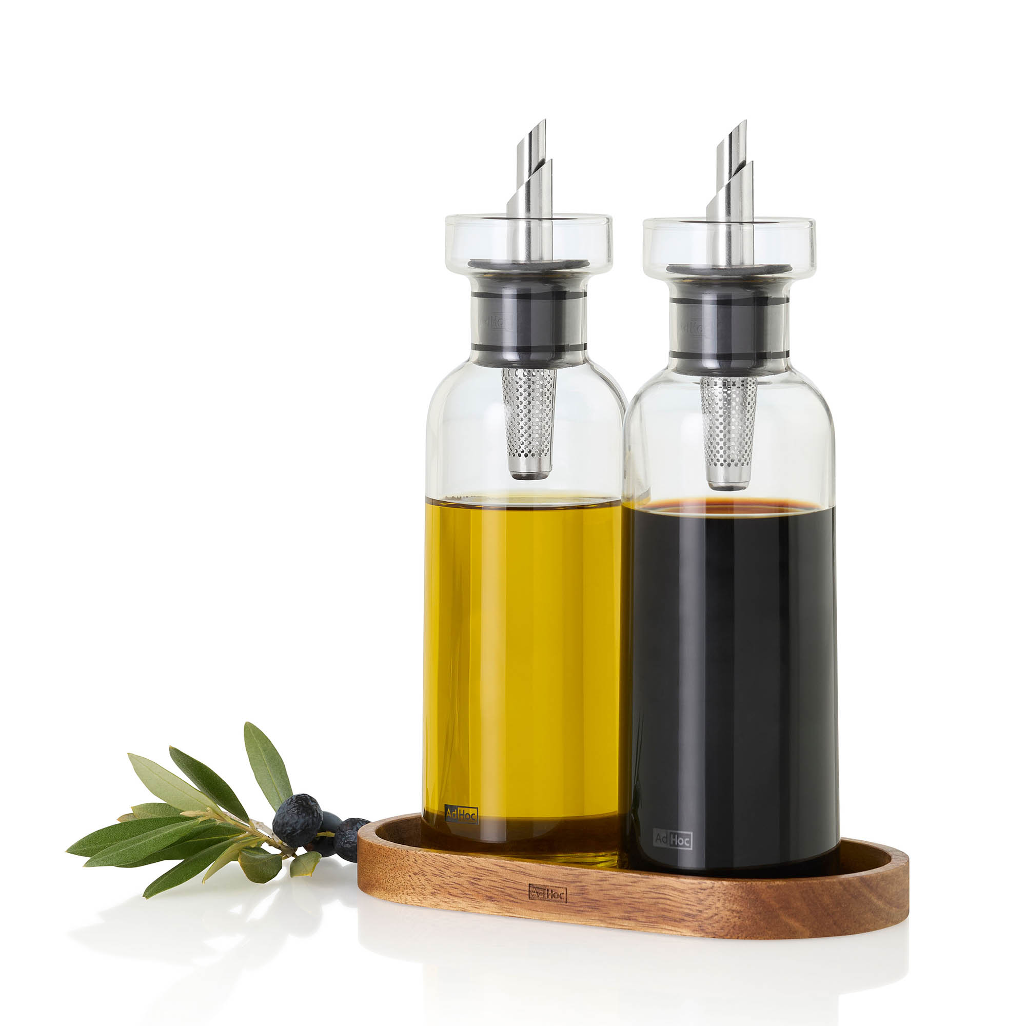 AdHoc Menage Öl- & Essigspender AROMA POUR je 300 ml mit Akazienholz-Untersetzer