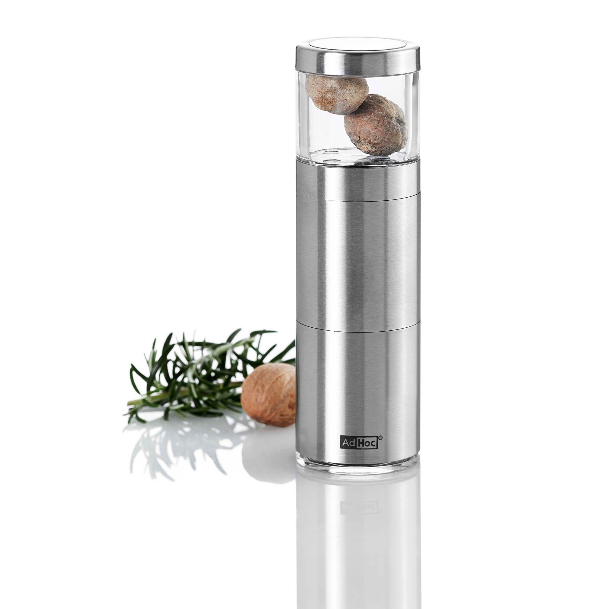 AdHoc Geschenkset Muskatmühle MUSKATINO Edelstahl / Acryl + 3 Muskatnüsse