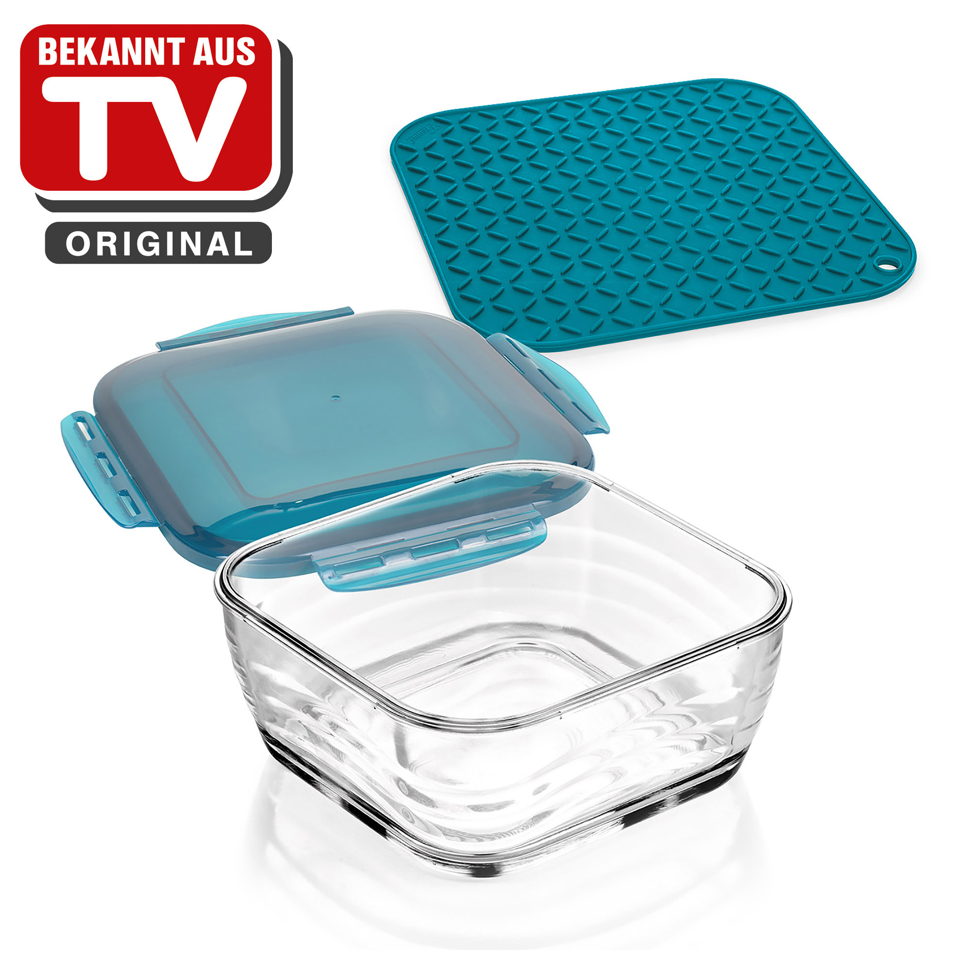 GENIUS Nicer Dicer Chef Glasschüssel 2,8 Liter backofenfest mit Deckel petrol