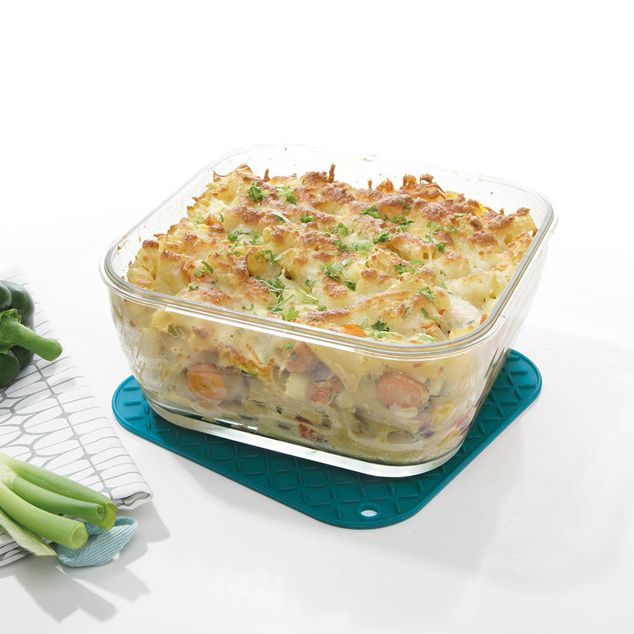 GENIUS Nicer Dicer Chef Glasschüssel 2,8 Liter backofenfest mit Deckel petrol