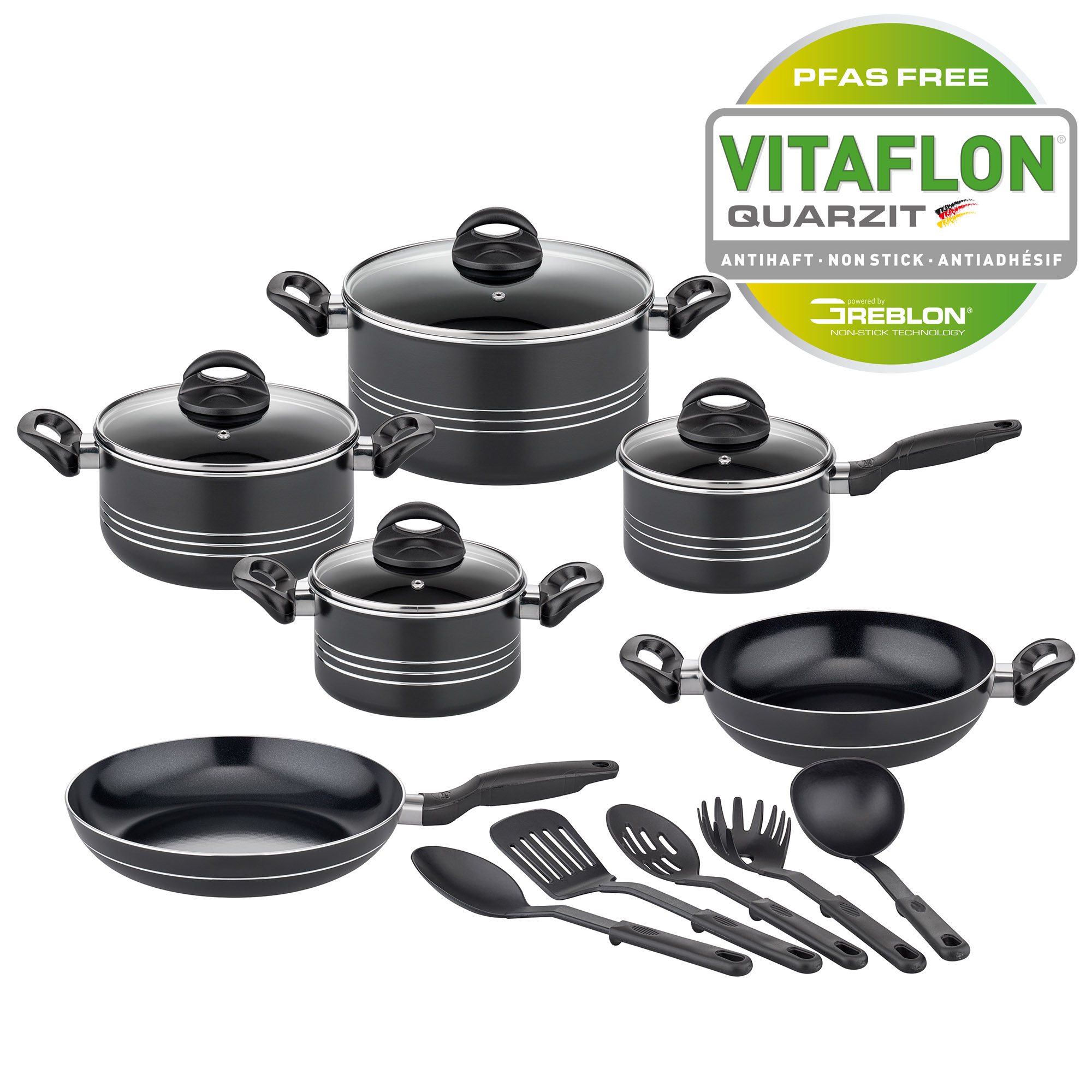 GSW Topfset MILANO NERO 6-teilig INDUKTION plus 5-teiliges Küchenhelfer-Set