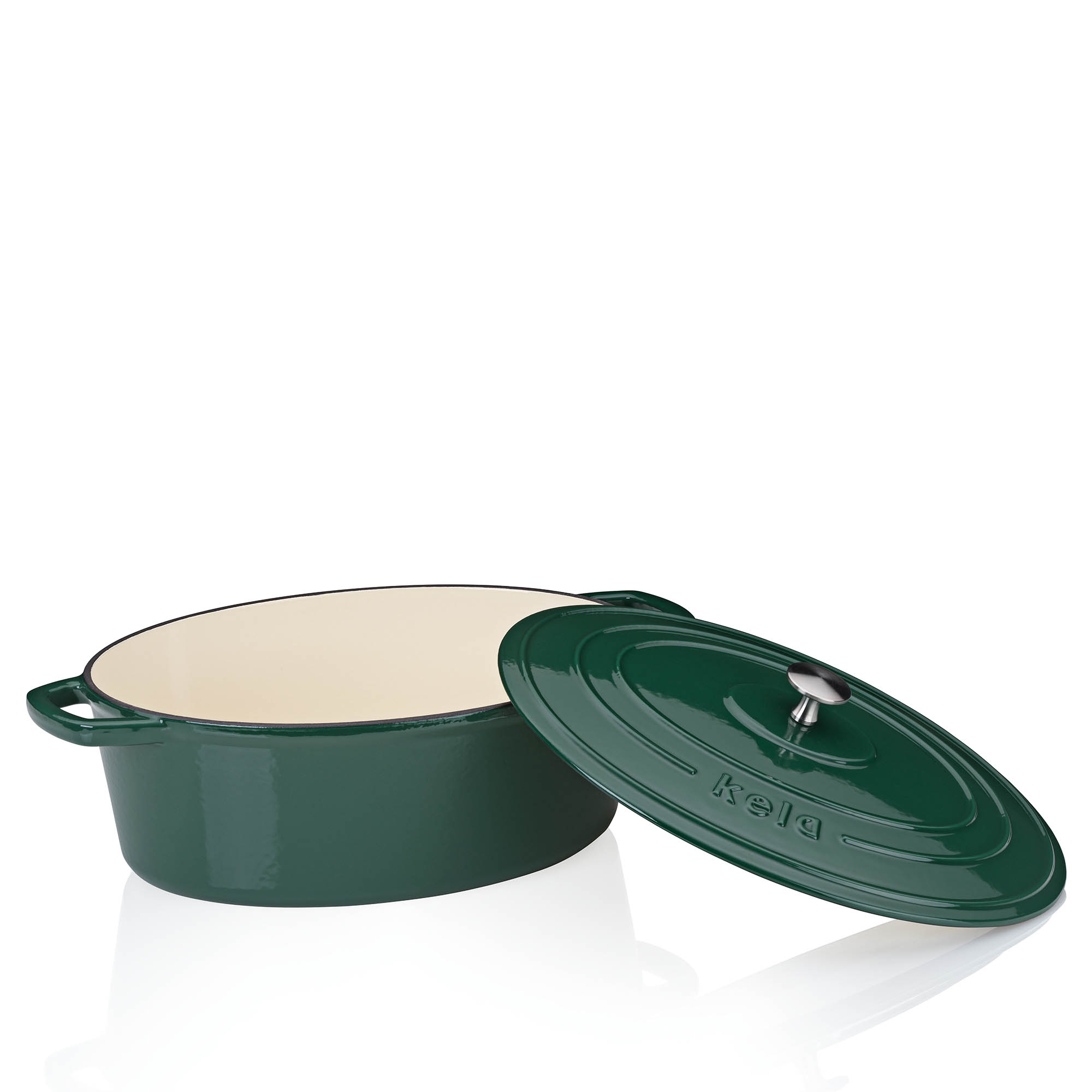 KELA Bräter Cocotte CALIDO Gusseisen emailliert 33 cm oval 6 Liter smaragdgrün