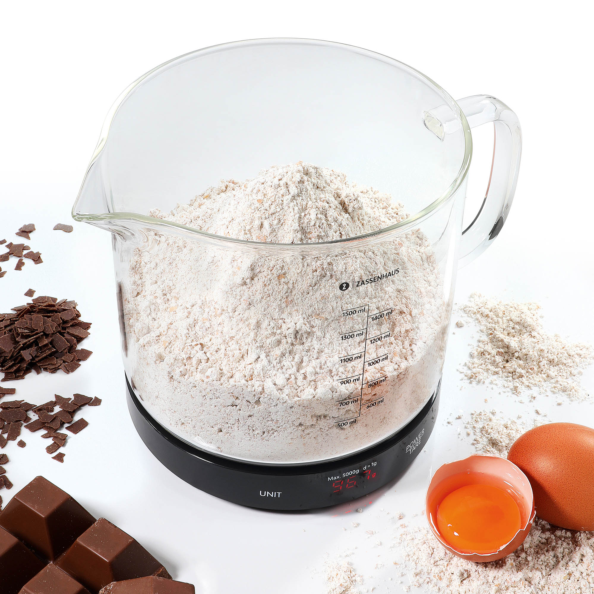 ZASSENHAUS Digitale Küchenwaage BAKE mit Messbecher aus Borosilikatglas
