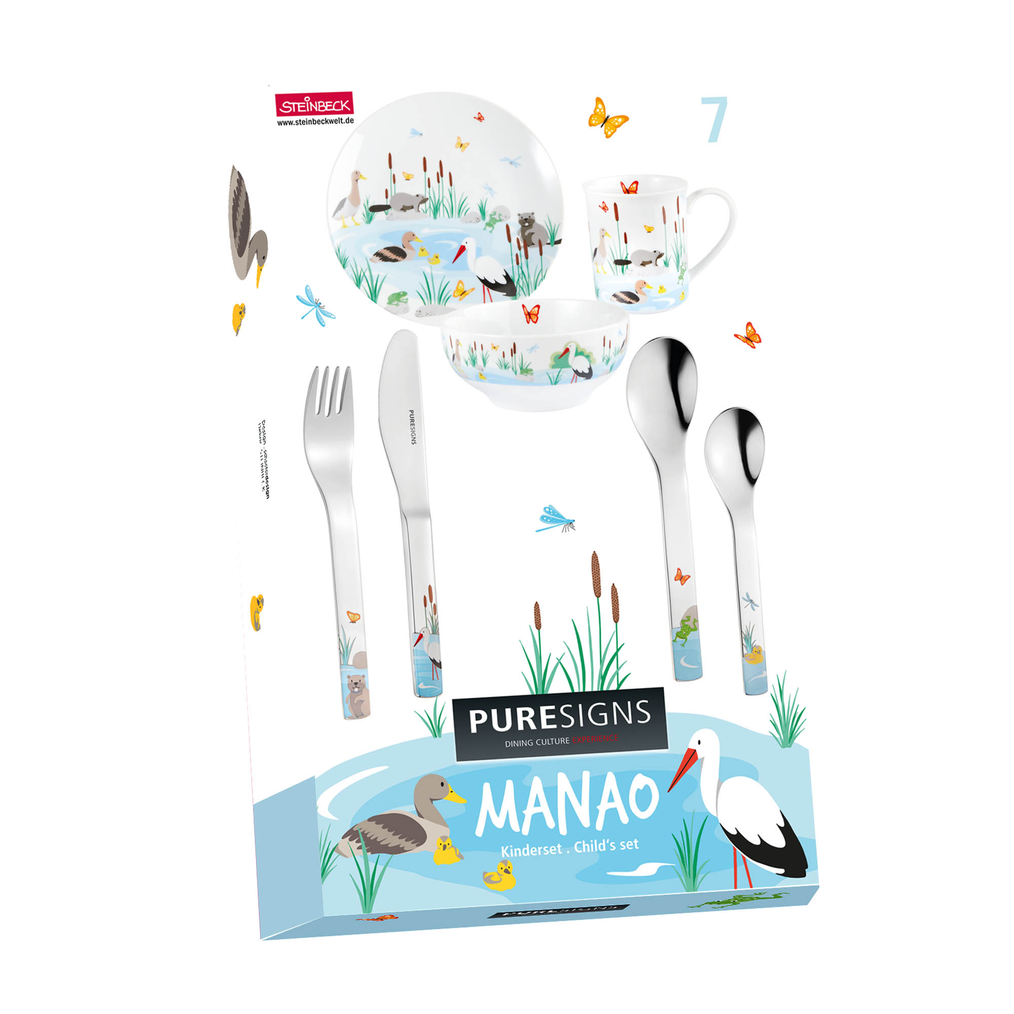 PURESIGNS Kinderset MANAO Set 7-teilig Besteck, Teller, Becher und Schale