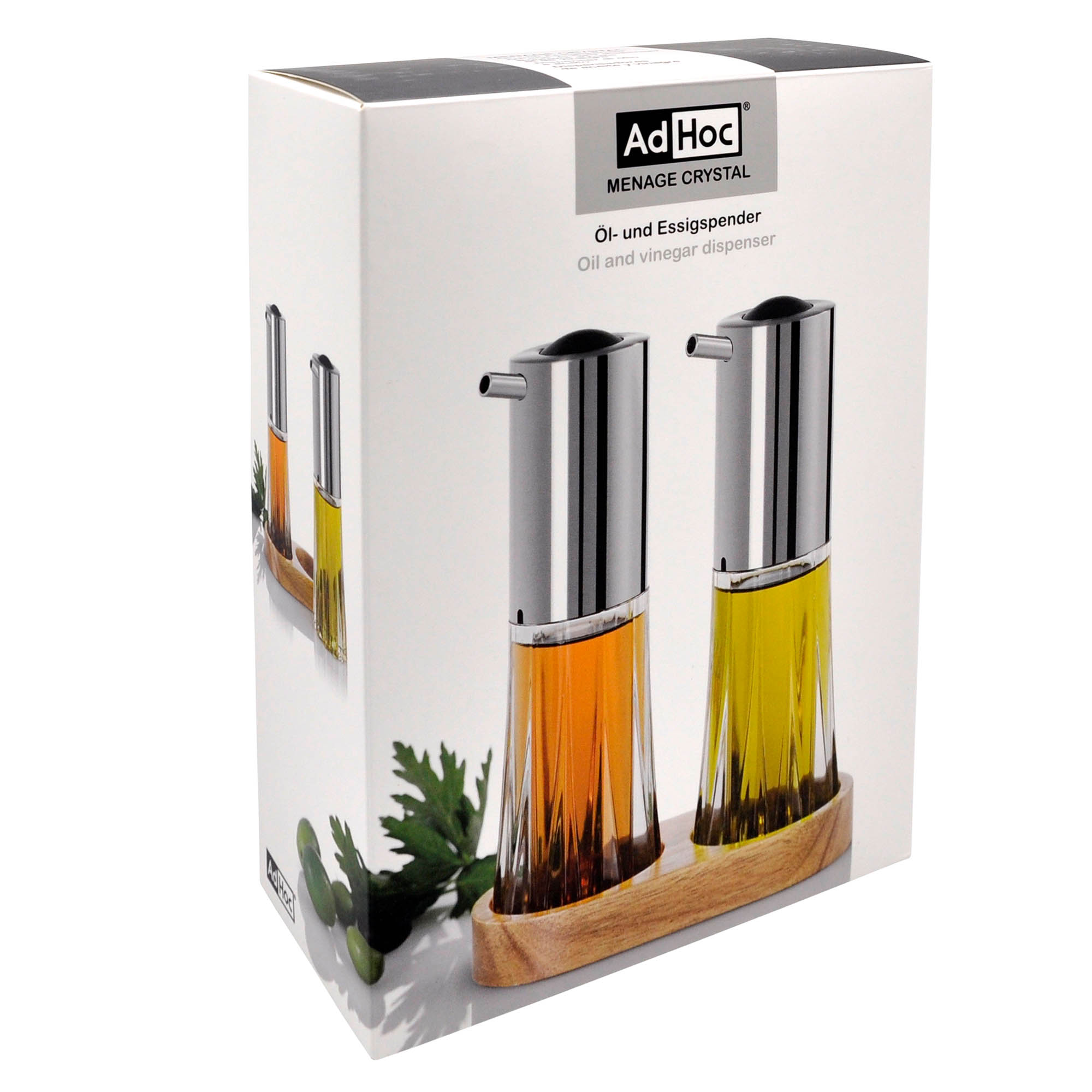 AdHoc cruet with vinegar and oil dispenser in wooden tray MENAGE CRYSTAL