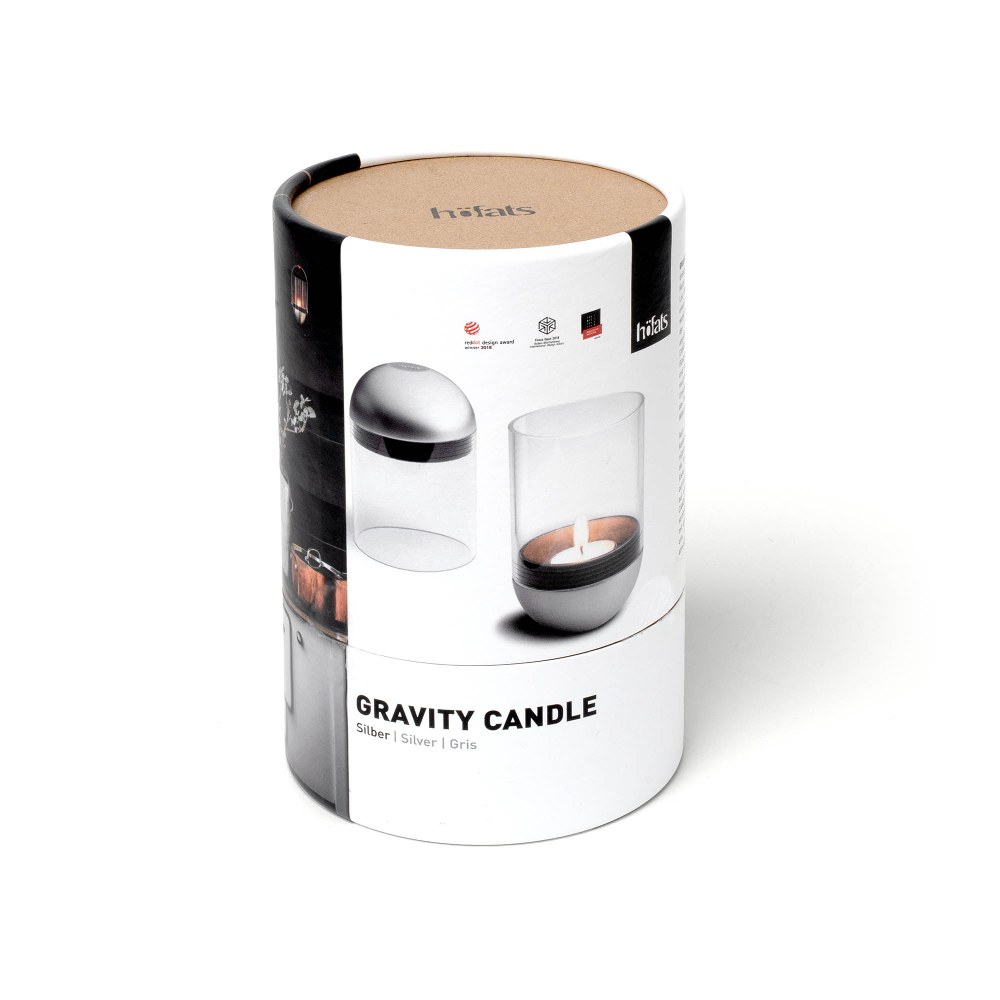 HÖFATS Windlicht GRAVITY CANDLE silber mit kardanisch gelagerter Kerze