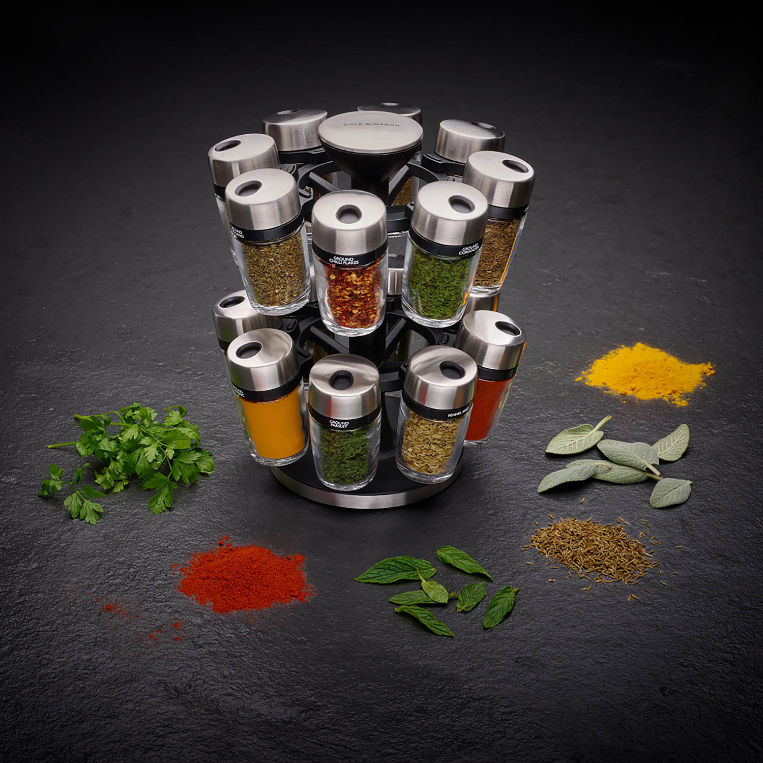 COLE & MASON Gewürzkarussel Gewürzständer CAMBRIDGE mit 16 Gläsern befüllt