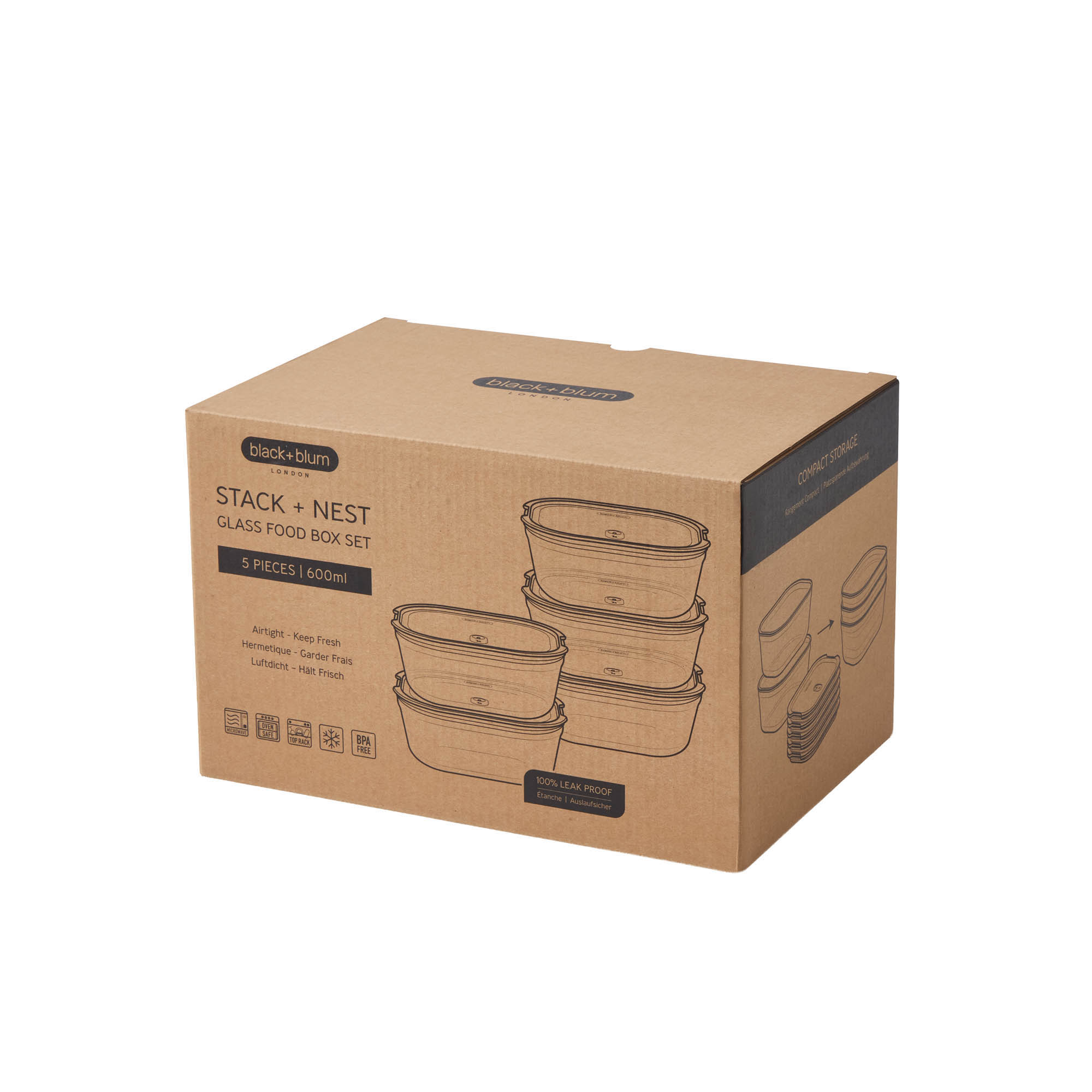 BLACK+BLUM 5er Set Multifunktions-Boxen aus Borosilikatglas je 0,6 Liter