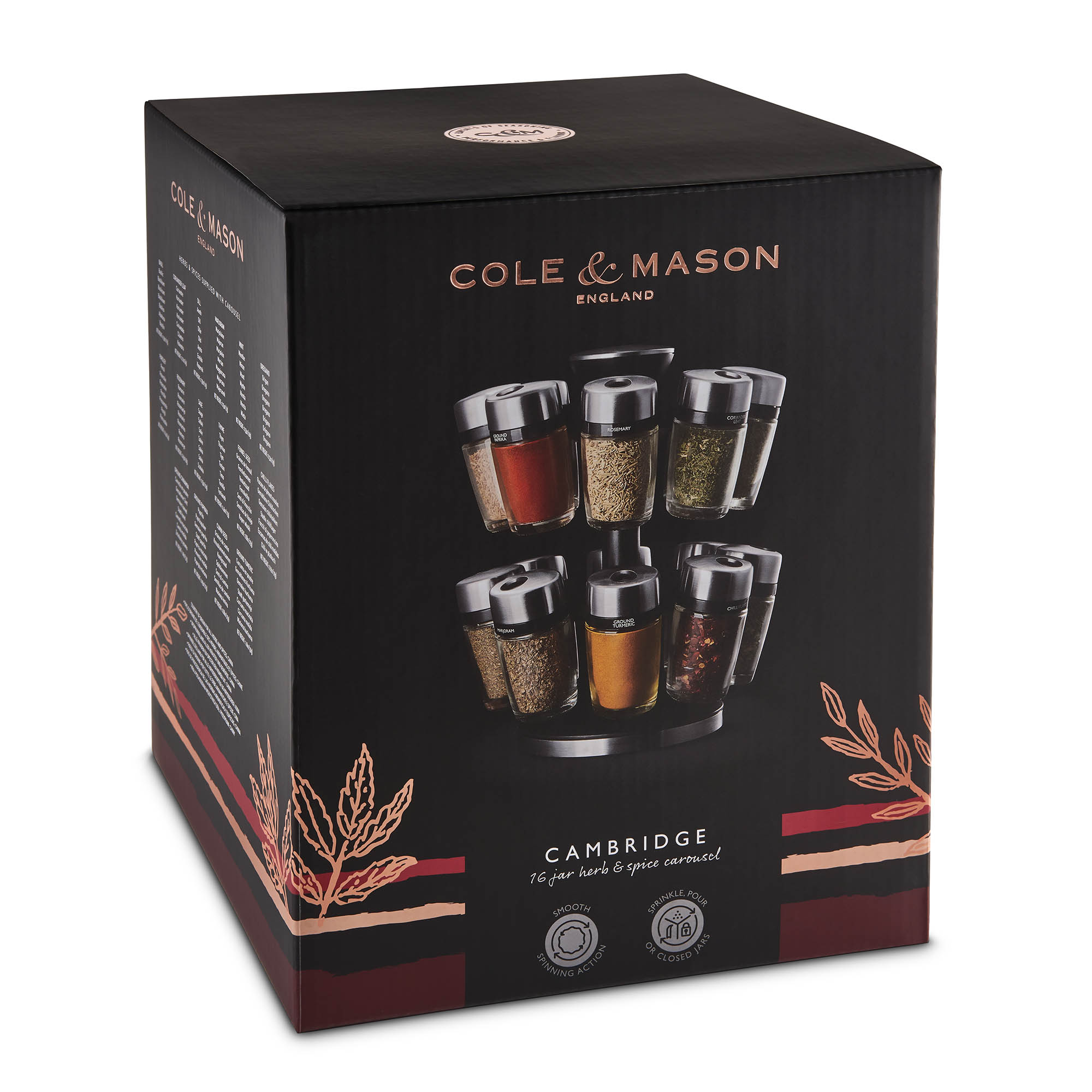 COLE & MASON Gewürzkarussel Gewürzständer CAMBRIDGE mit 16 Gläsern befüllt