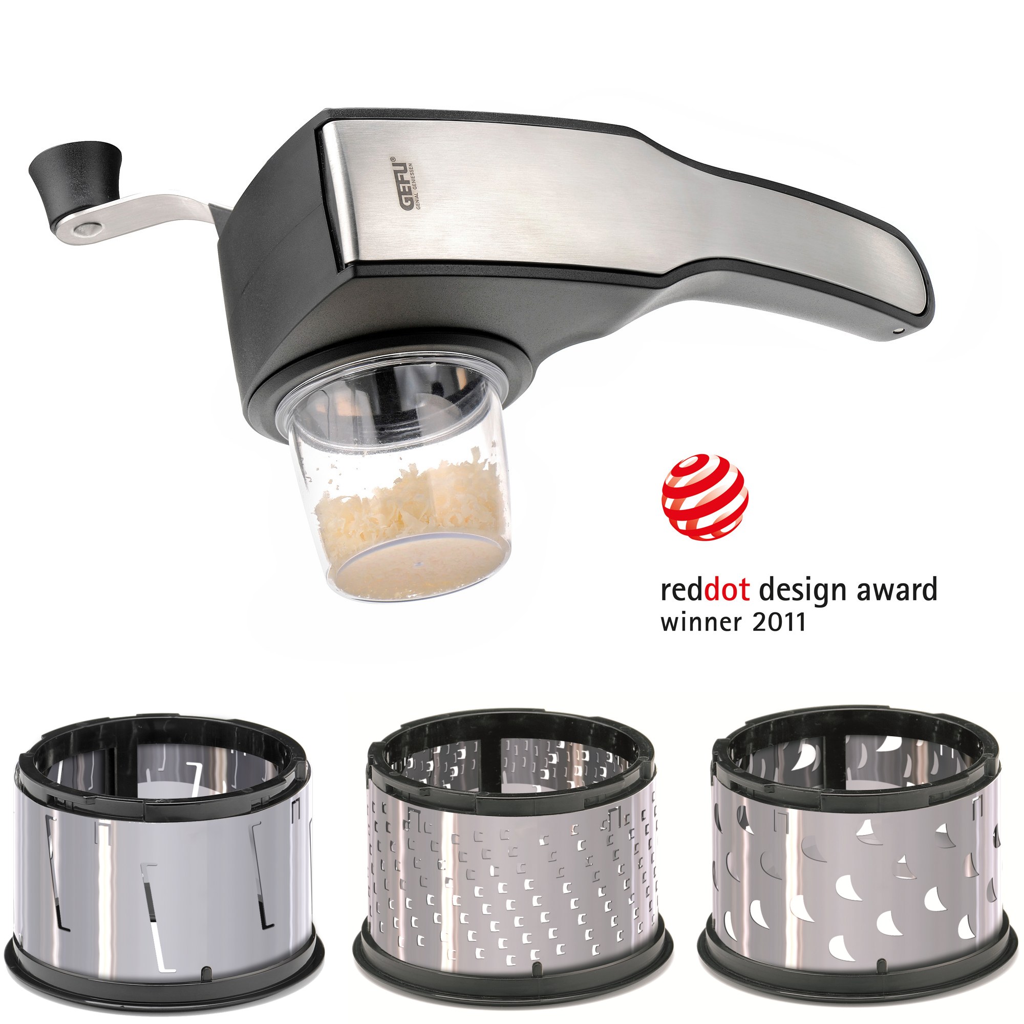 GEFU Trommelreibe PECORINO LASER CUT mit 3 Trommeleinsätzen