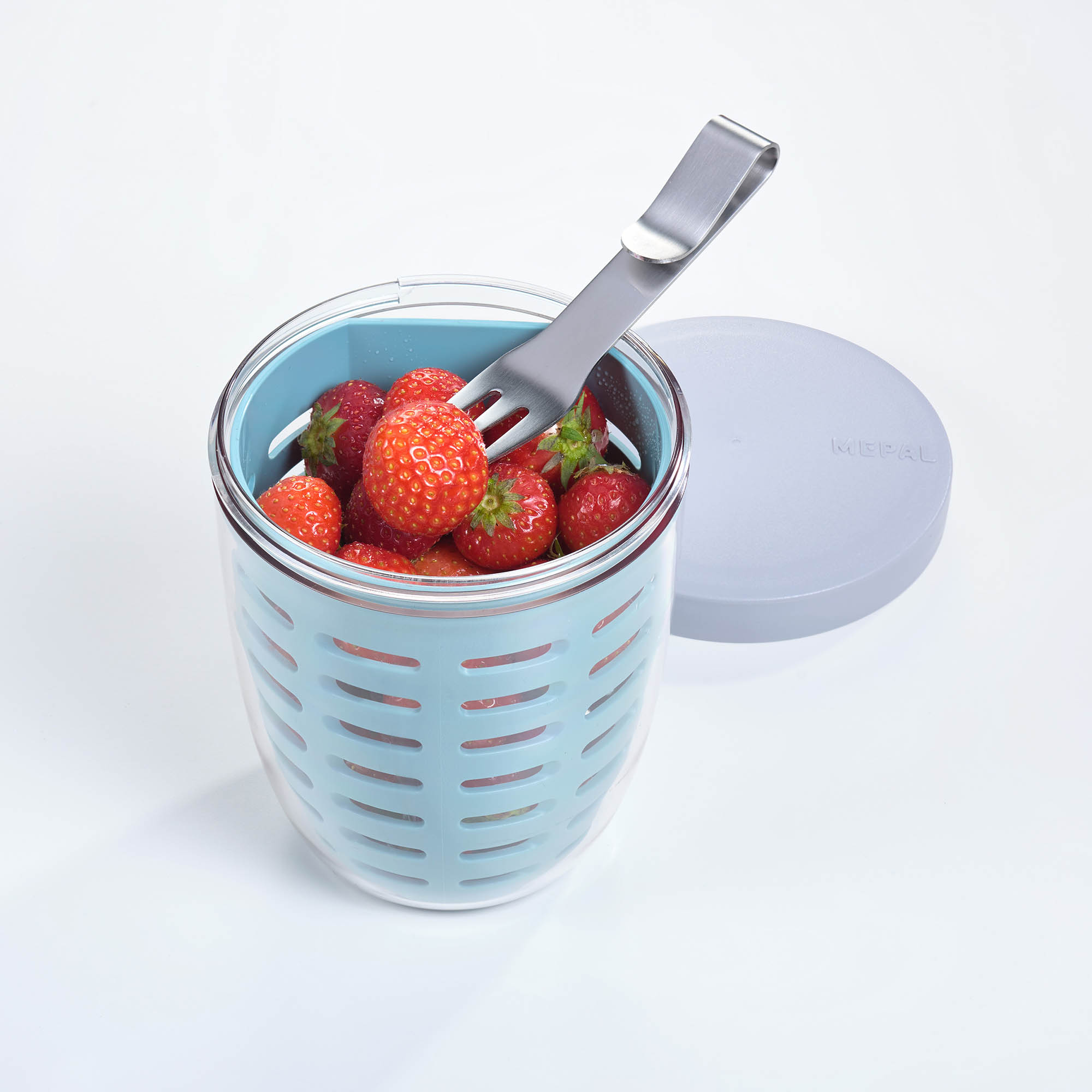 MEPAL Fruitpot ELLIPSE Snackbox mit Abtropfsieb und Gabel nordic sage
