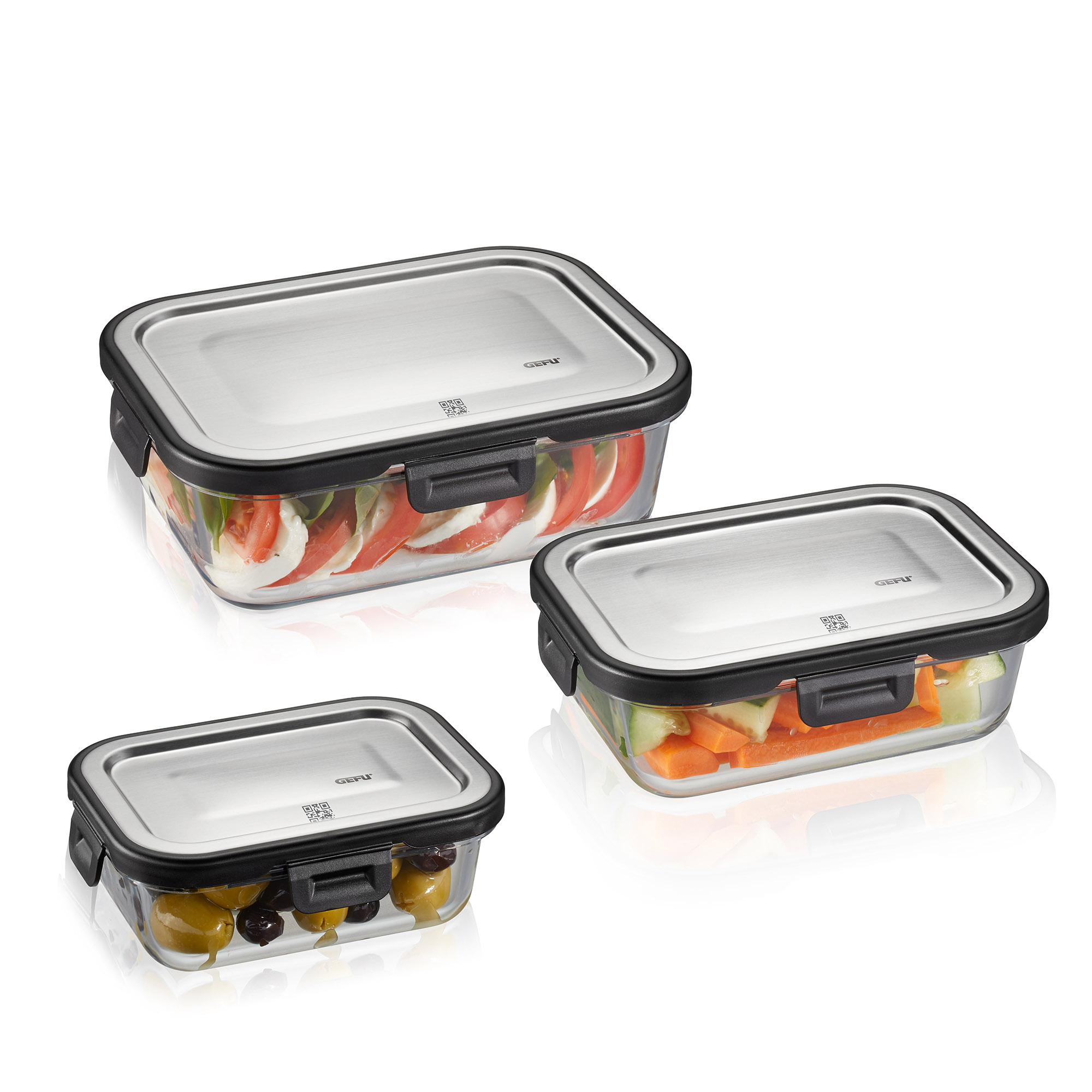 GEFU Frischhaltedosen-Set MILO rechteckig 3-teilig aus Glas mit Edelstahldeckel