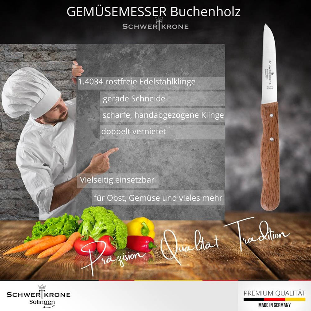 SCHWERTKRONE Gemüsemesser Küchenmesser Klingenlänge 7,5 cm Buchenholz