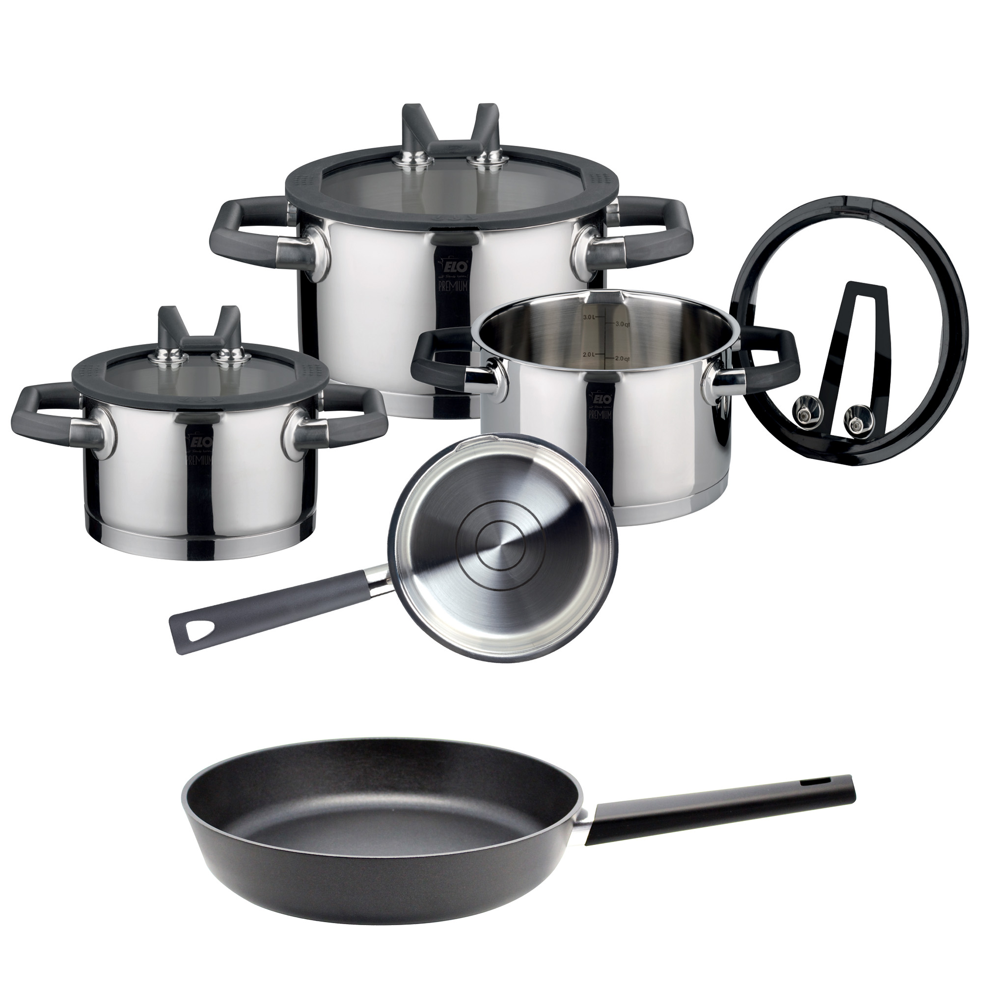 ELO Premium Black Pearl Stainless Steel 7-Piece Pots and Pans Induction Cookware Set with Easy-Pour Rim Integrated Measuring Scale and Heat-Resistant Handles Patented Stand-by Lids